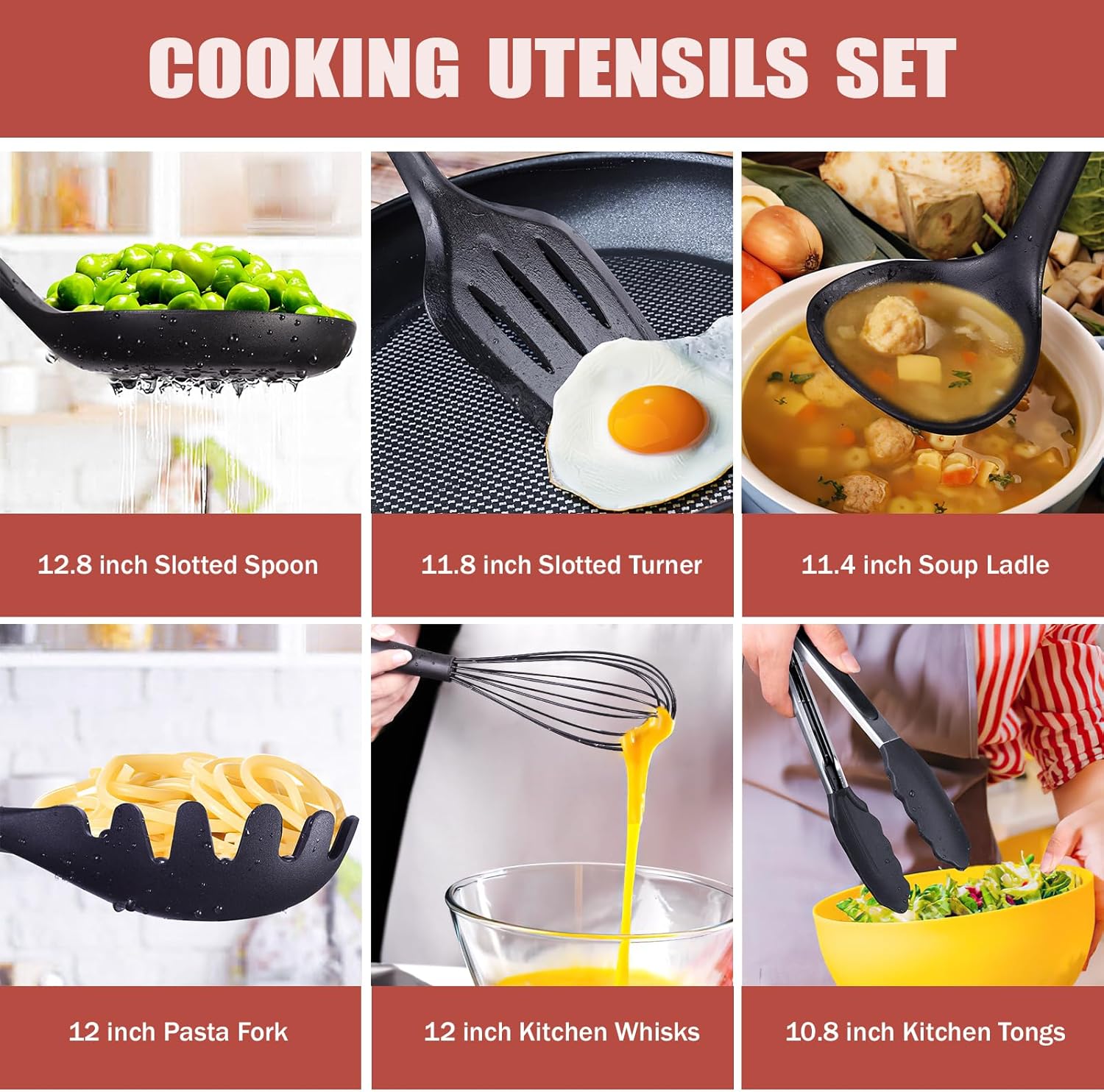 RAXCO Kitchen Utensils Set For Cooking-7 Cooking Utensils,5 Kitchen Utensils,6 Knife set,utensilios de cocina(18-in-1) (Black) - Image 3