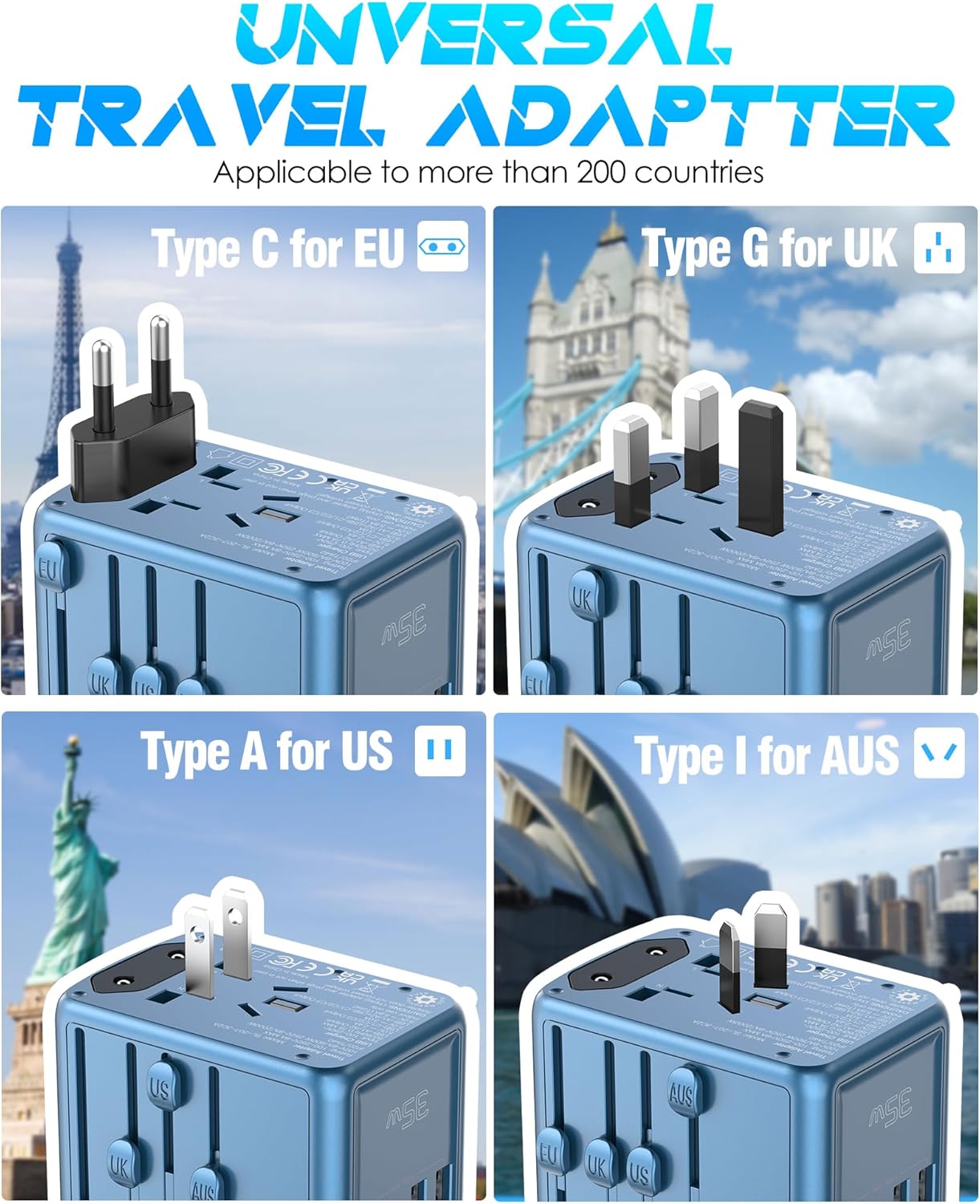 35W USB-C Travel Adapter Fast Charging for Laptop Phone, Universal Power Adapter with 5 Ports +2500W AC Outlet, International Plug Adapter Compatible for MacBook iPhone iPad Travel 200+ Countries - Image 3