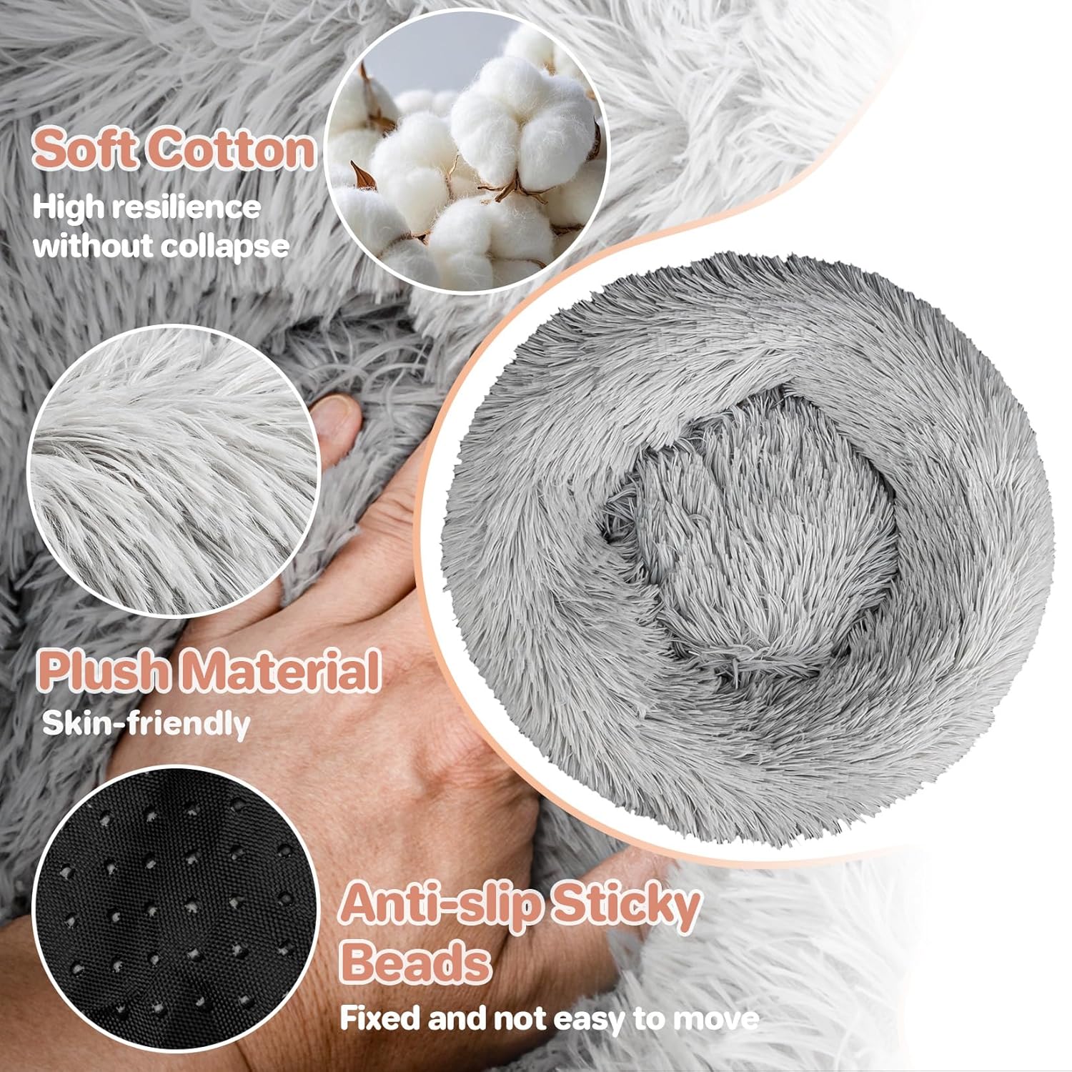 Cat Bed - Calming Cat Bed for Small Kittens Donut Washable Round for Indoor Kittens and Puppies, Anti-Slip Round Fluffy Plush Faux Fur, Small, Light Grey - Image 3