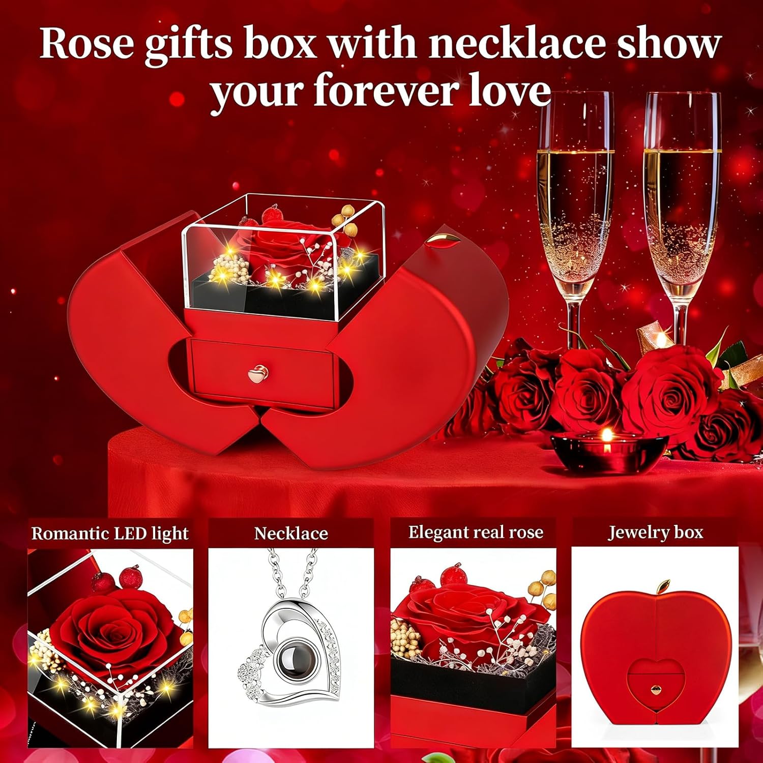 Preserved Red Real Rose with I Love You Necklace, Mothers Day Gifts for Mom Women Her Wife Girlfriend Grandma Birthday Mothers Day Valentines Christmas Anniversary Romantic-Red - Image 2