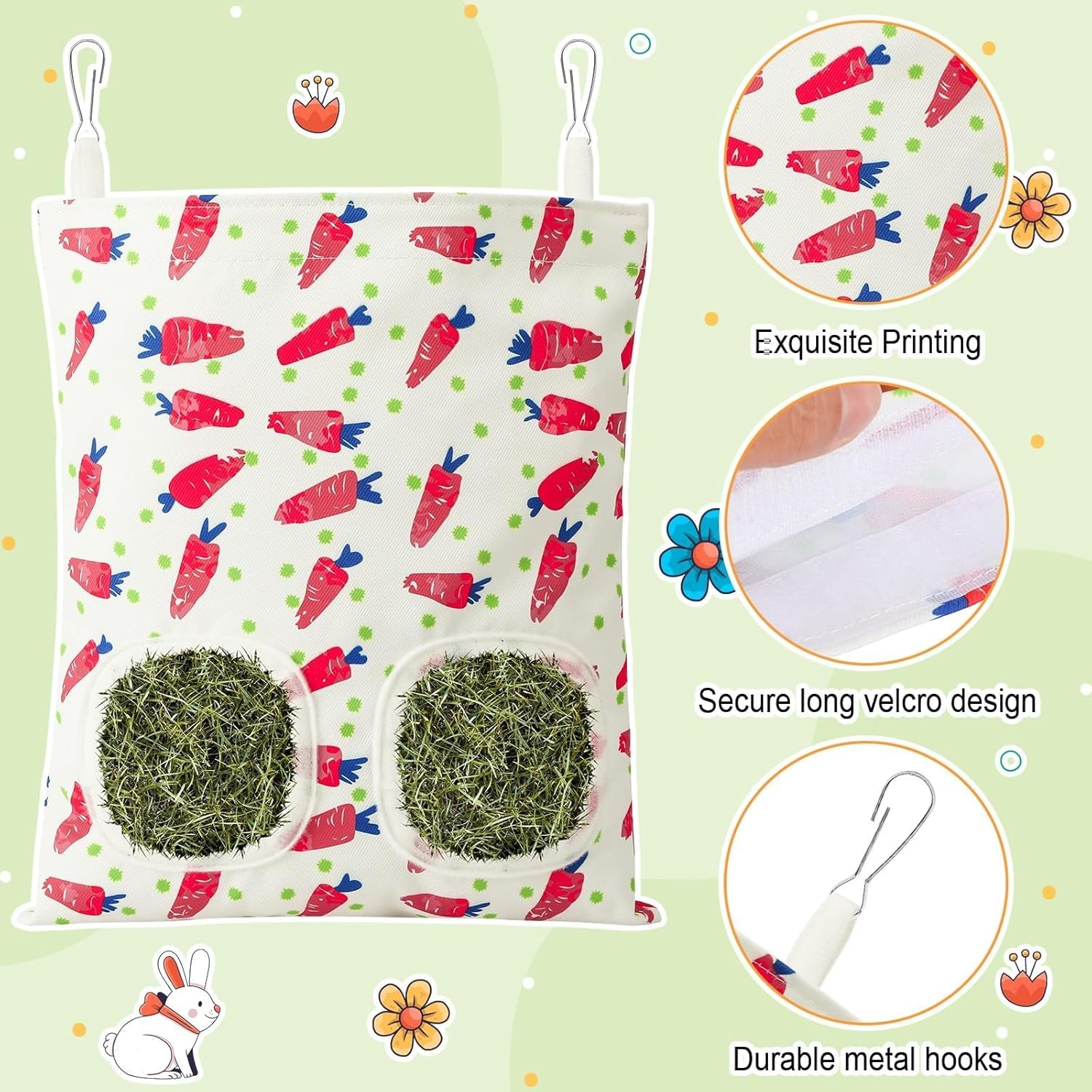 UPINS 2 Pack Guinea Pig Hay Feeder,Rabbit Hay Bag Hanging Hay Holder for Guinea Pig Cage Hay Feeder for Bunny Rabbits Chinchillas Hamsters Small Pets and Animals - Image 3