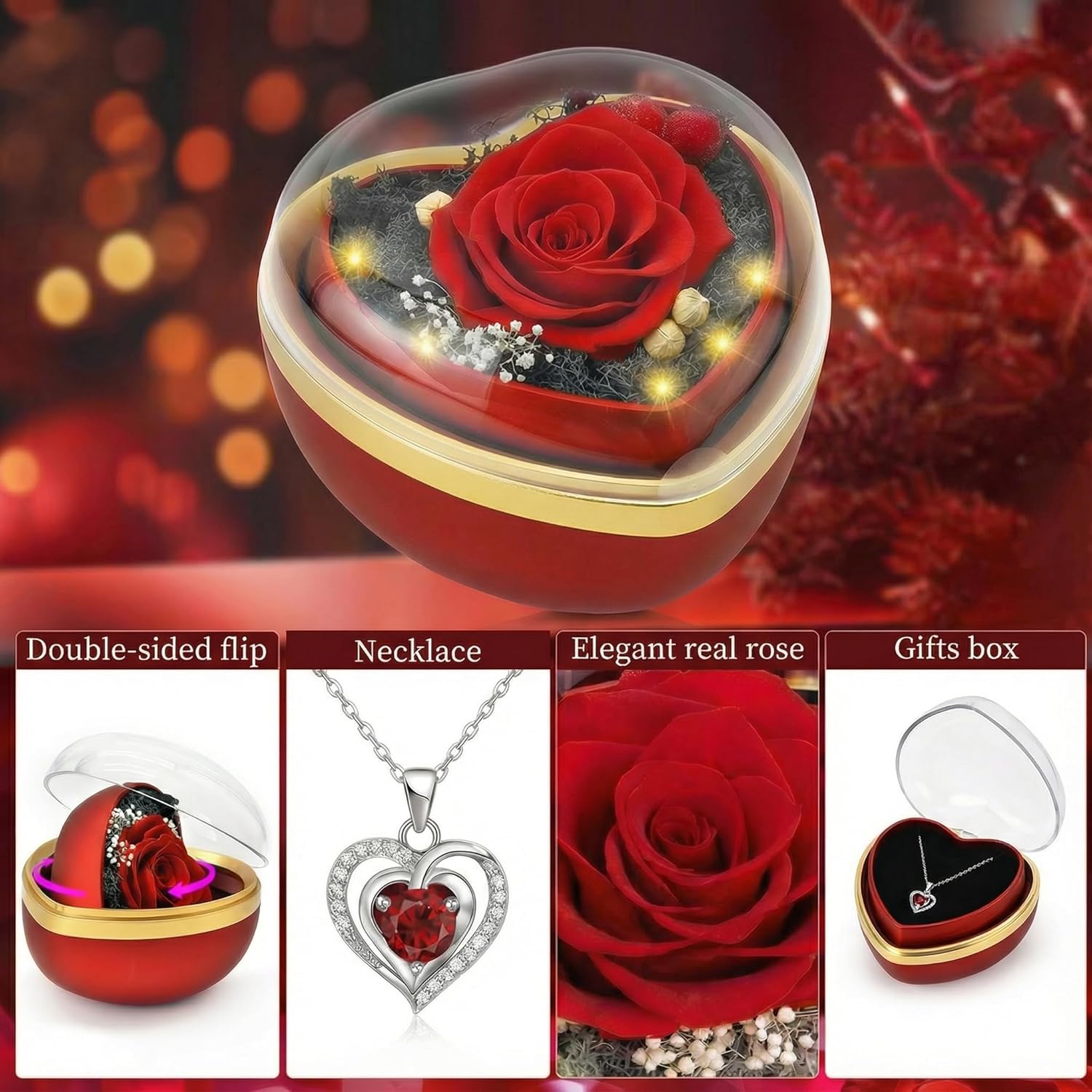 Eternal Real Rose Dainty Love Pendant , Preserved Red Rose Gift Box with Heart Necklace, Gifts for Women, Mom, Wife, Gifts Idea on Valentine's Day, Mother's Day, Birthday, Anniversary, Thanksgiving - Image 2