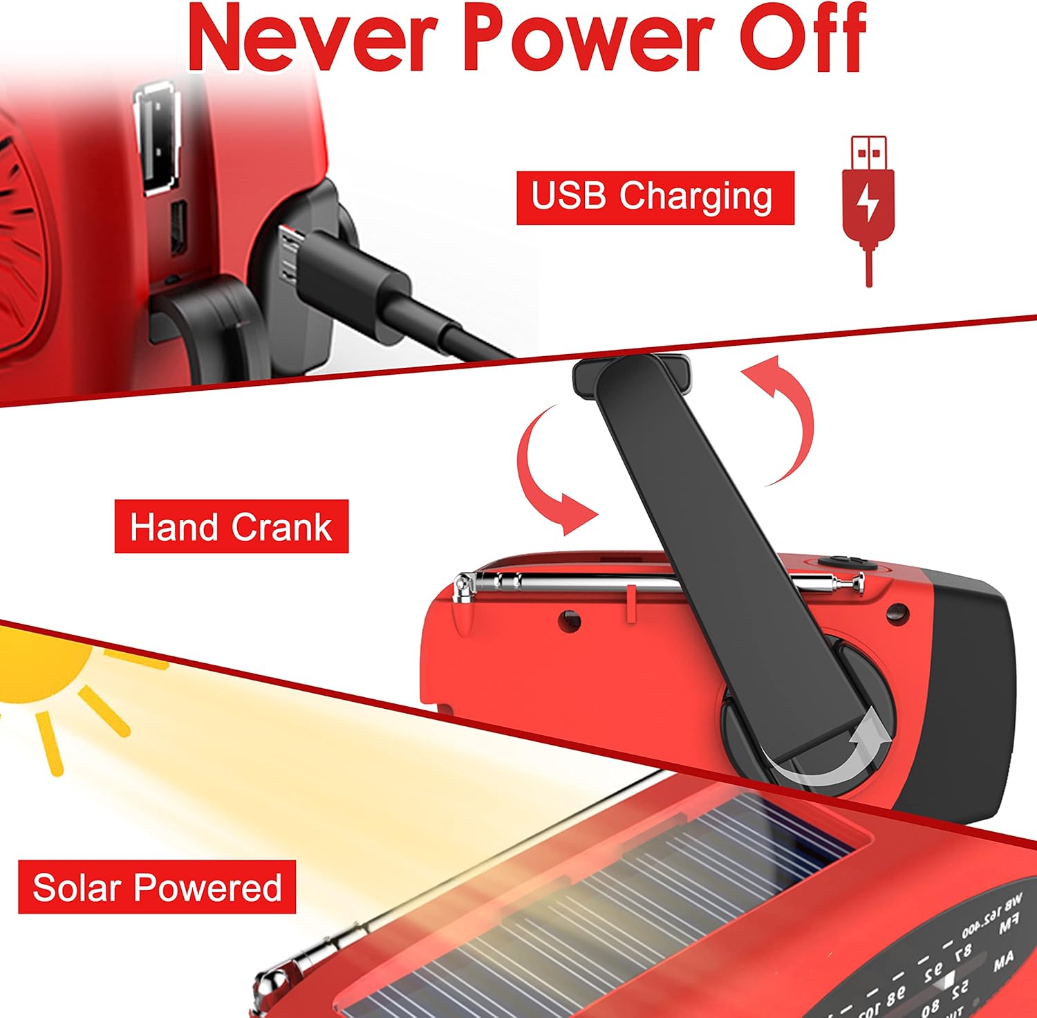 RunningSnail Emergency Hand Crank Radio With LED Flashlight For Emergency, AM/FM NOAA Portable Weather Radio With 2000mAh Power Bank Phone Charger, USB Charged & Solar Power For Camping, Emergency - Image 4