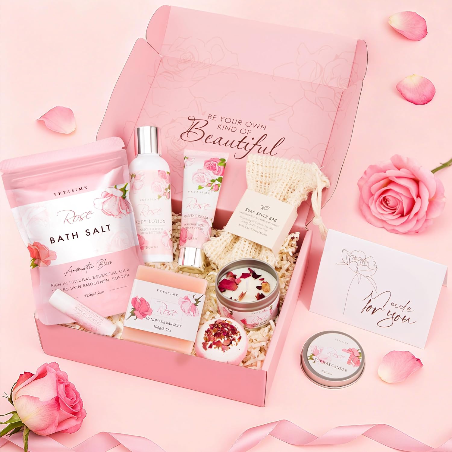 Gifts for Women, Birthday Gifts for Women, Bath and Body Gift Basket Mothers Day Gifts, Rose Home Spa Set Self Care Gift, Thank You for Mom Sister Her Teacher Friends Friendship - Image 3
