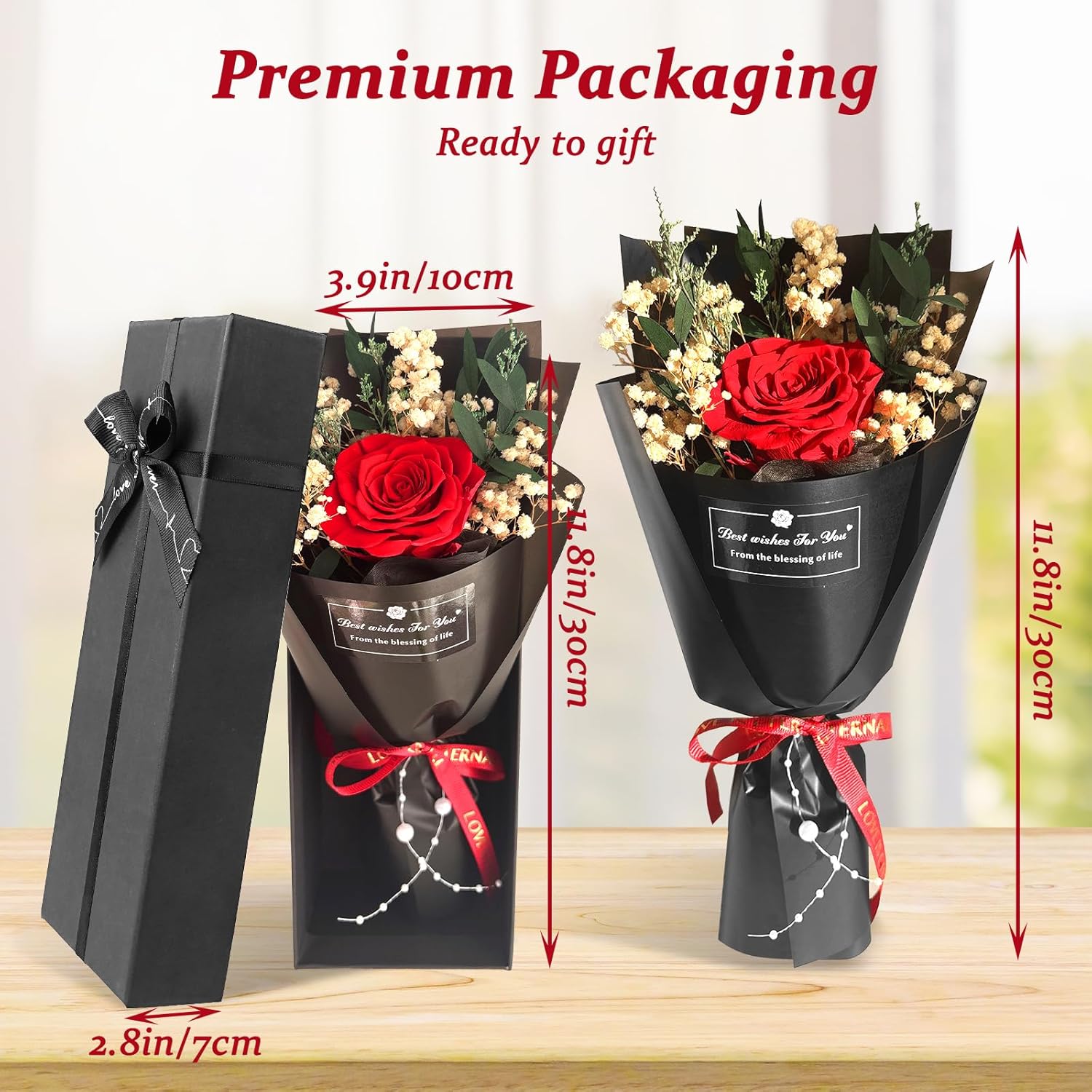 Real Forever Flower Roses for Delivery Prime Preserved Roses in Gift Box with Baby's Breath, Pearls, Greeting Card, Red Rose for Women, Valentine‘s Day Gift Give Girlfriend/Mother/Wife‘s Anniversary - Image 2