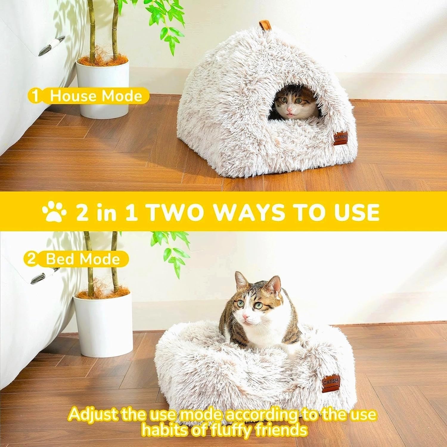 CATISM Cat Bed, Cat Cave for Indoor Cats, Soft Cat Dome, Self-Warming 2 in 1 Foldable Pet Cat House with Washable Cushioned Pillow Calming Fluffy Dog Beds for Small Dogs with Anti-Slip Bottom Brown - Image 2