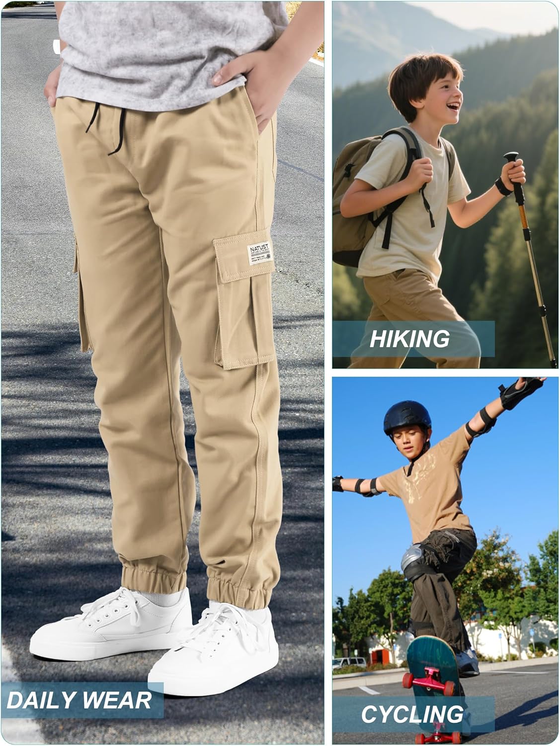 NATUST Boys Cargo Joggers Drawstring Jogging Pants Kids Elastic Waist Trousers 5-14 Years - Image 5