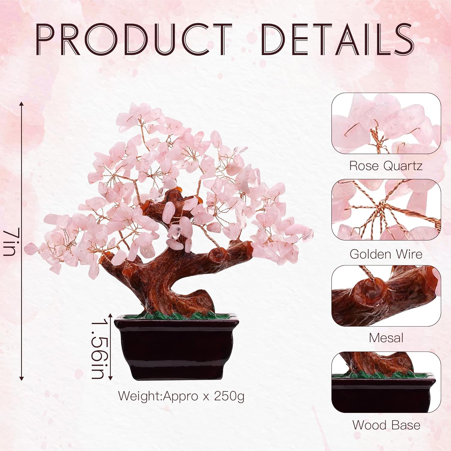 Parma77 Feng Shui Natural Rose Pink Quartz Crystal Money Tree, Healing Crystal Trees Bonsai Style Decoration for Wealth and Luck for Home Decor, Gifts for Women - Image 3