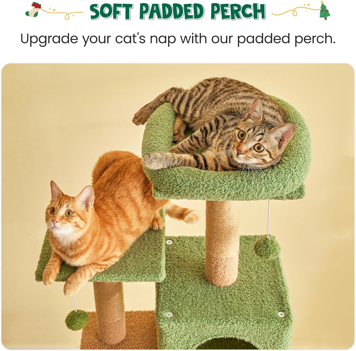 MWPO 63.8 Inches Green Cat Tree for Indoor Cats, Multi-Level Cat Tower with Sisal-Covered Scratching Posts, Padded Platform, Hammock, Dangling Toys, Stable Cat Condo Pet Play House - Image 3