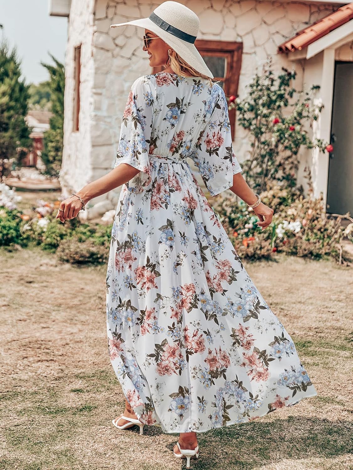 ANRABESS Womens 1/2 Sleeve Beach Wedding Guest Maxi Dresses 2026 Summer Wrap V Neck Boho Floral Flowy Slit Long Dresses - Image 5