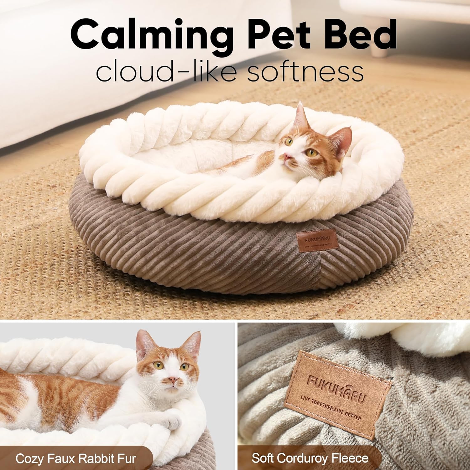 FUKUMARU Cat Bed, Calming Donut Dog Beds, Plush Faux Fur&Corduroy Kitten Beds, Cute Round Washable Pet Bed for Large Cats and Puppy, Cat Cave with Anti-Slip Bottom, 21inch, Camel - Image 2
