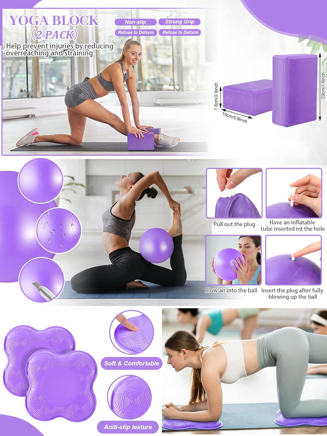 Gemscream 17 Pcs Yoga Essential Kit for Women, Pilates Equipment Starter Set for Beginners with Yoga Wheel Ball Blocks Strap Resistance Bands Wrist Rings Socks Towel & Carry Bag for Home Workouts - Image 3