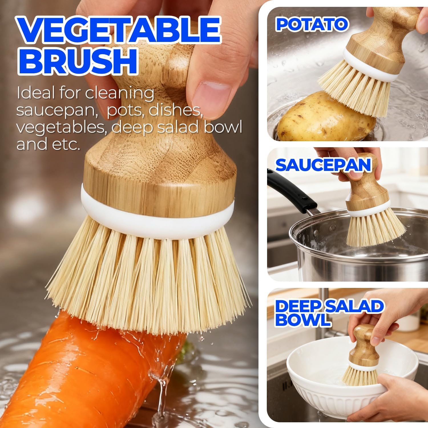 Holikme 6 Pack Dish Brush Kitchen Brushes Set with Vegetable Palm Brush, Bottle Brush, Dish Brush and Straw Brush, Fruit Cleaning Brushes for Cleaning Potato Skillet Wok Pot Pan Cast Iron, Yellow - Image 2