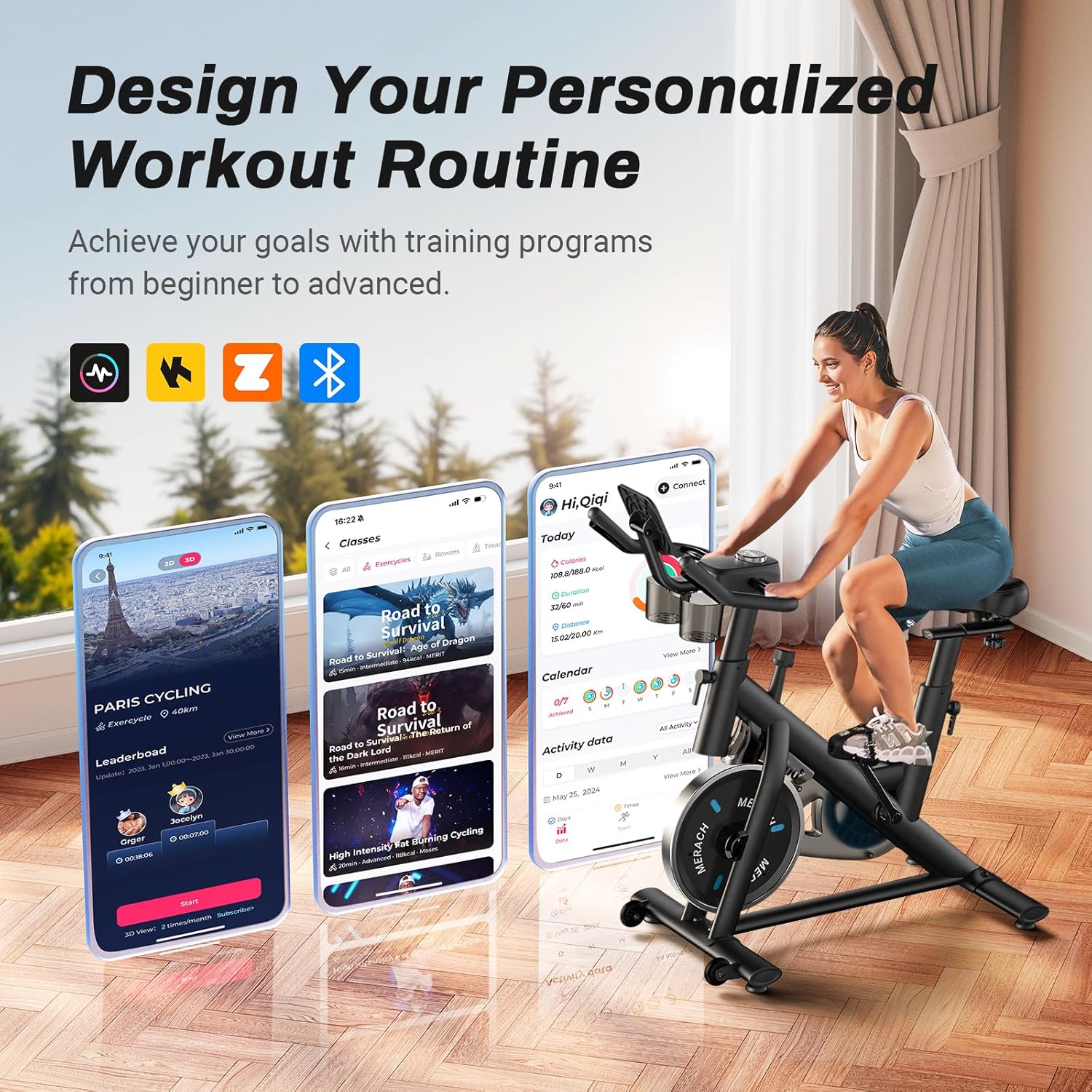 MERACH Exercise Bike, Brake Pad Stationary Bike with Exclusive App, Low Noise Indoor Cycling Bike with 300lbs Weight Capacity, Tablet Mount and Fitness Courses for Weight Loss - Image 2
