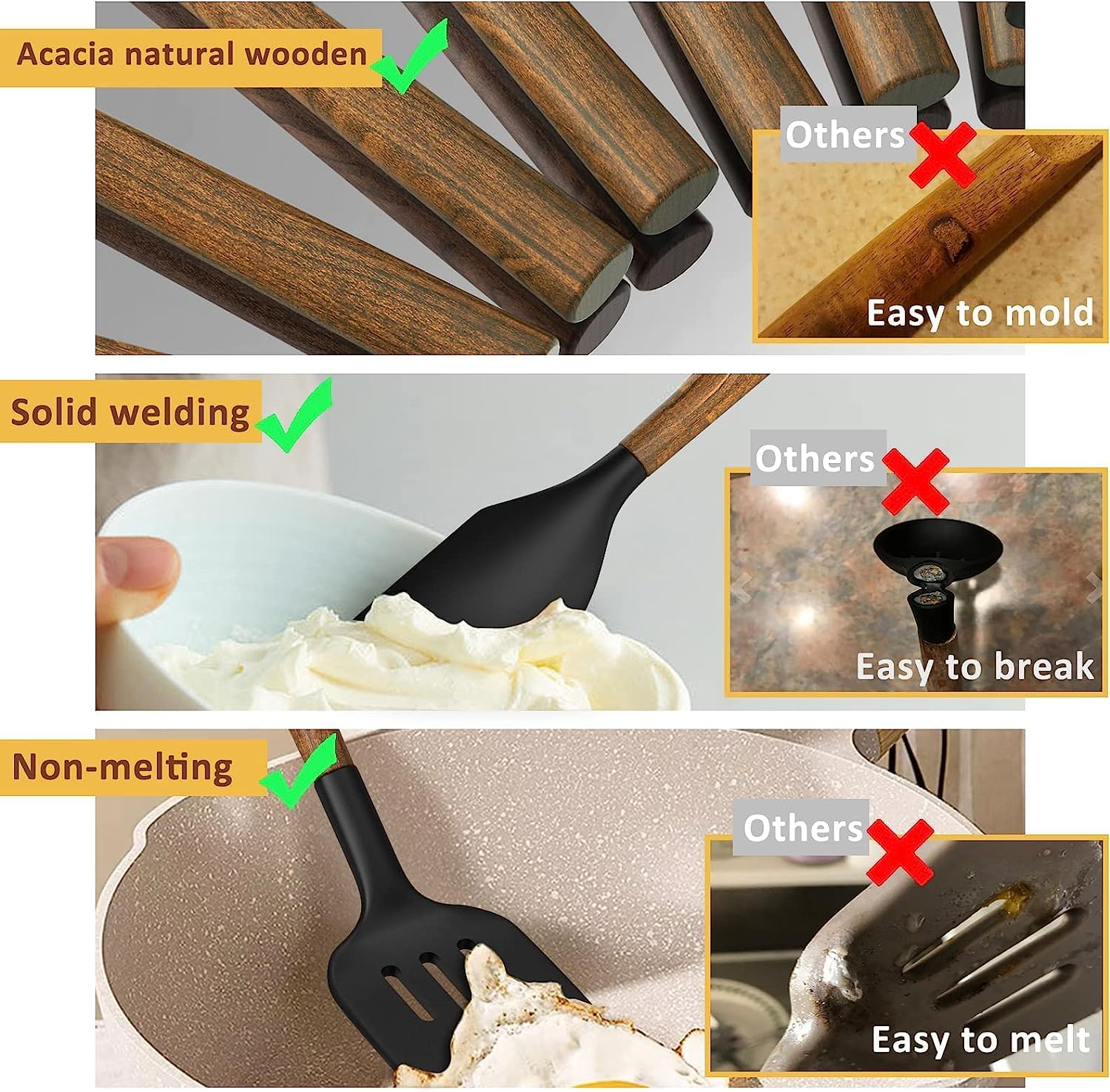 Silicone Cooking Utensil Set, Umite Chef 8-Piece Kitchen Utensils Set with Natural Acacia Wooden Handles,Food-Grade-Silicone Kitchen Gadgets Spatulas Set for Nonstick Cookware- Black - Image 6
