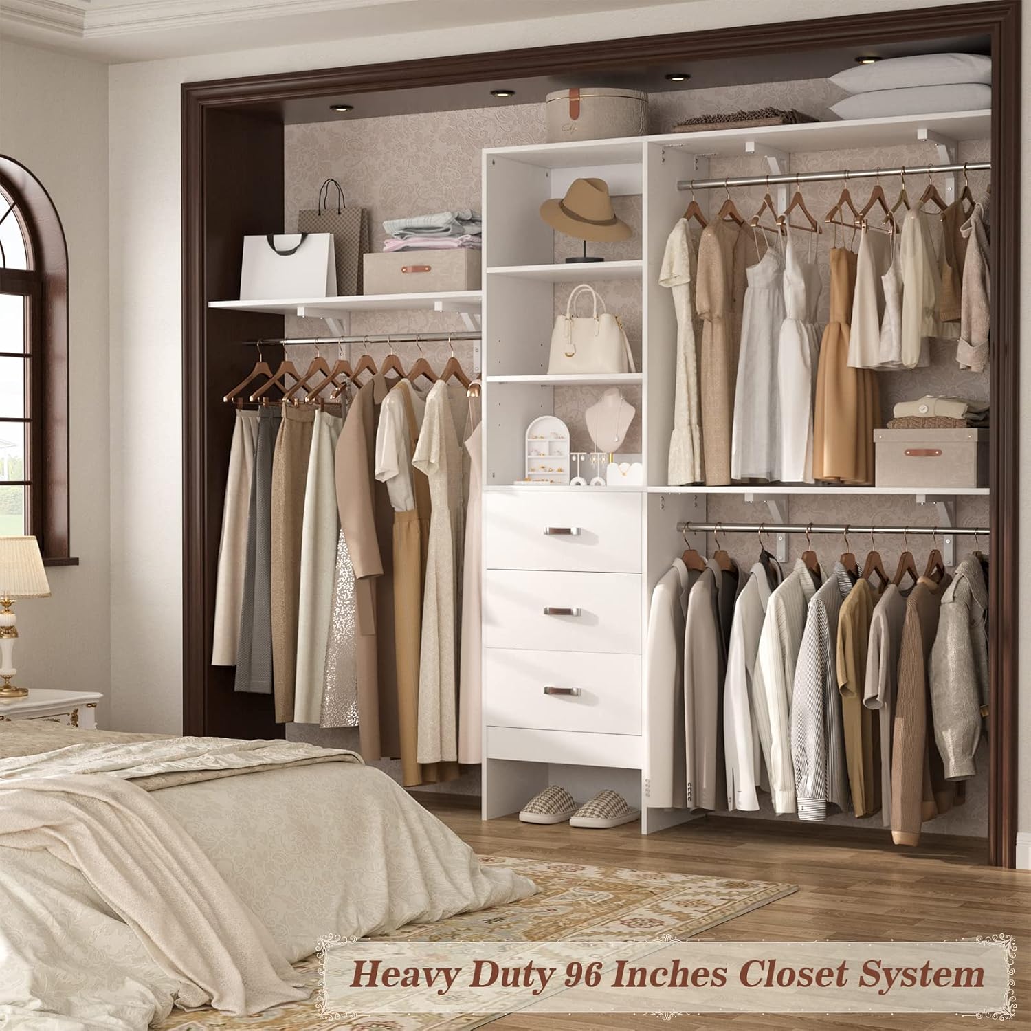 8FT Closet System, 96'' Closet Organizer System with 3 Hanging Rods, Wall Mount Bedroom Wardrobe with 3 Drawers Walk-in Closet, Adjustable Cloth Garment Rack from 5 to 8FT (Cut to Fit), White - Image 9