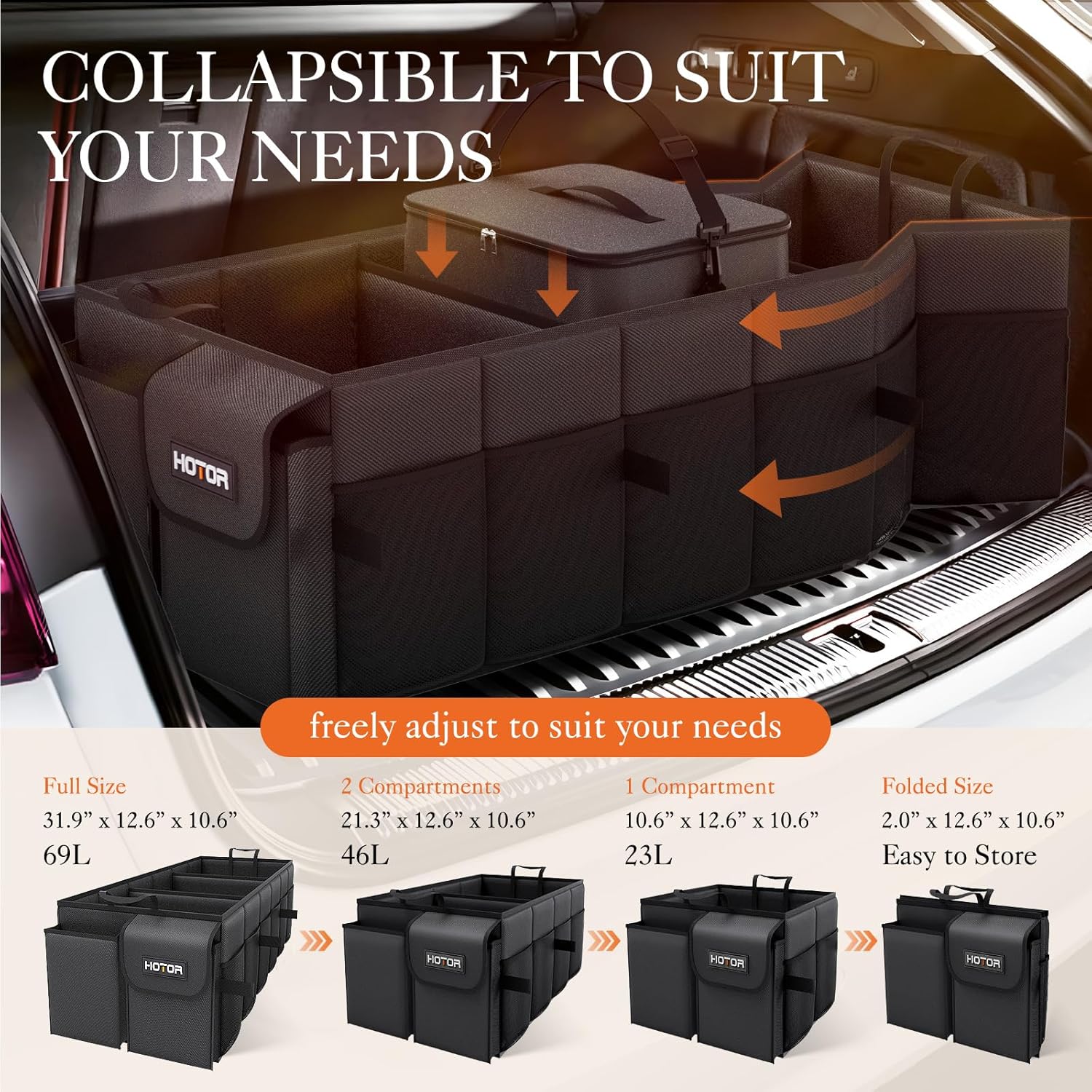 HOTOR Trunk Organizer, Sturdy Foldable with Cooler for Car & SUV, 3 Compartments, Black, 30.90”×12.60”×10.63” - Image 5