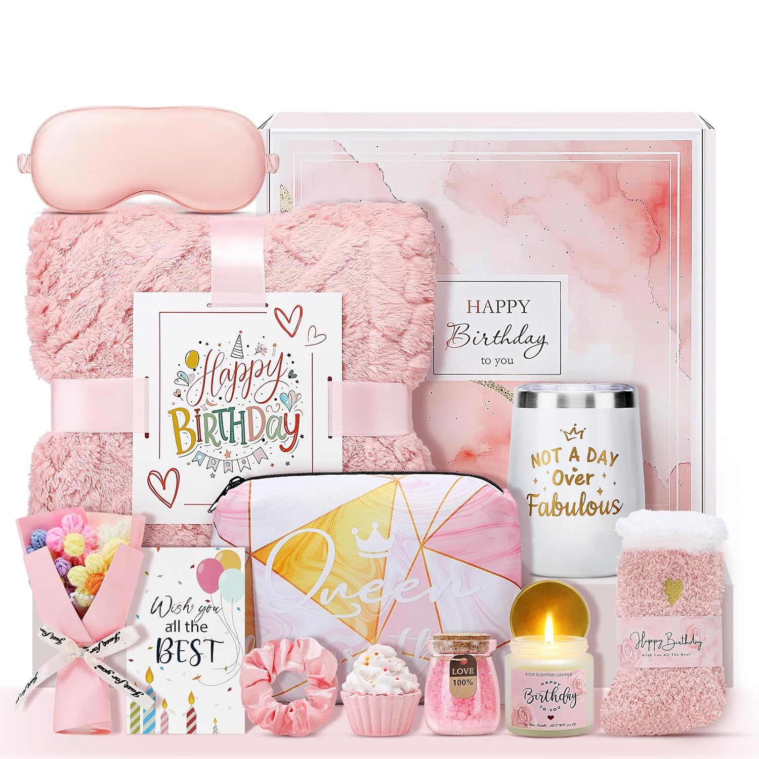 Birthday Gifts for Women, 13PCS Unique Happy Birthday Gifts Basket for Mom Her Best Friend Sister Wife Girlfriend Coworker Bestie, Luxury Self Care Box Relaxing Spa Gifts Set (Rose)