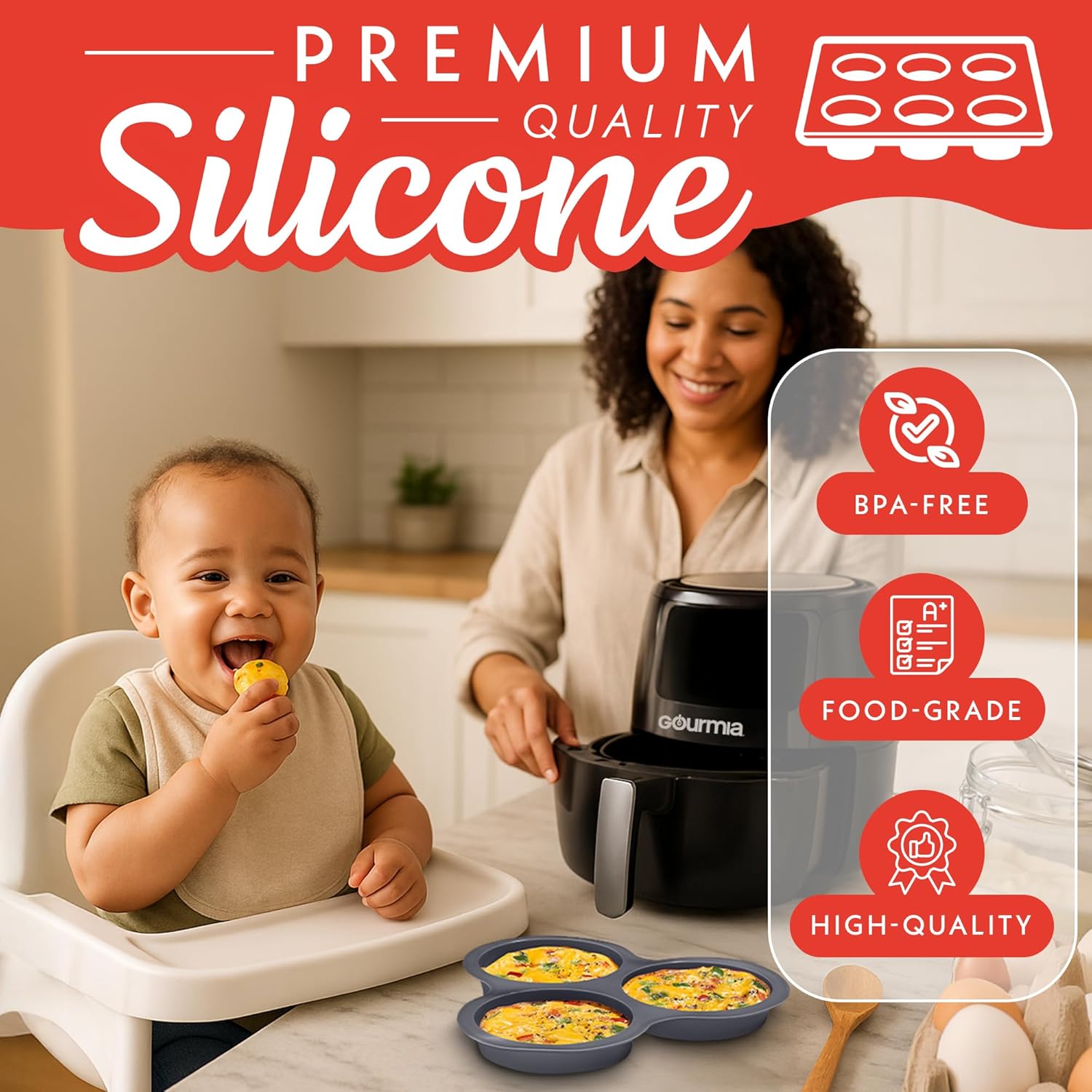 Gourmia Air Fryer Accessories Set - 3 Piece Silicone, Liner, Egg Bite Cooker, 7-Hole Cupcake Mold, BPA-Free, Nonstick, Heat Resistant 445°F, Dishwasher Safe, Food Grade - Image 3