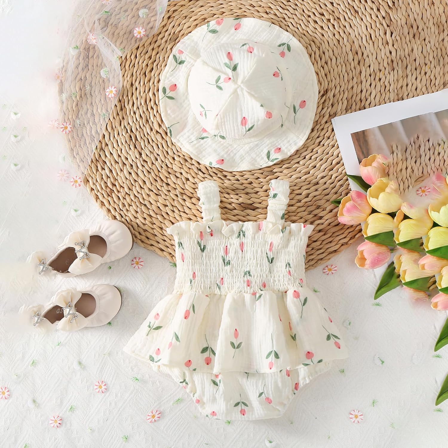 Mubineo Baby Girl Clothes Summer Dress Cotton Linen Romper Sleeveless Smocked Rompers Sun Dress Hat Skirt Boho Outfits - Image 2