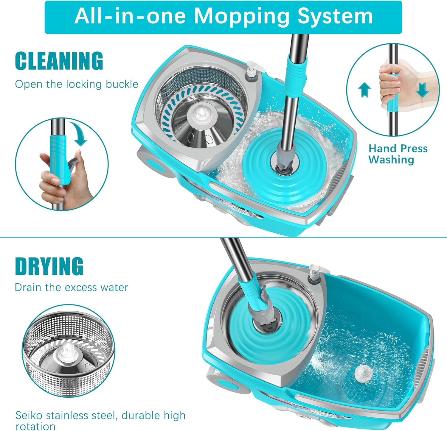 FunClean Spin Mop and Bucket,Mop and Bucket with Wringer Set for Home,360 Spinning Mopping Floor Cleaning Tool with 4 Microfiber Replacement Head Refills,61" Extended Handle, 2X Wheel - Blue - Image 2
