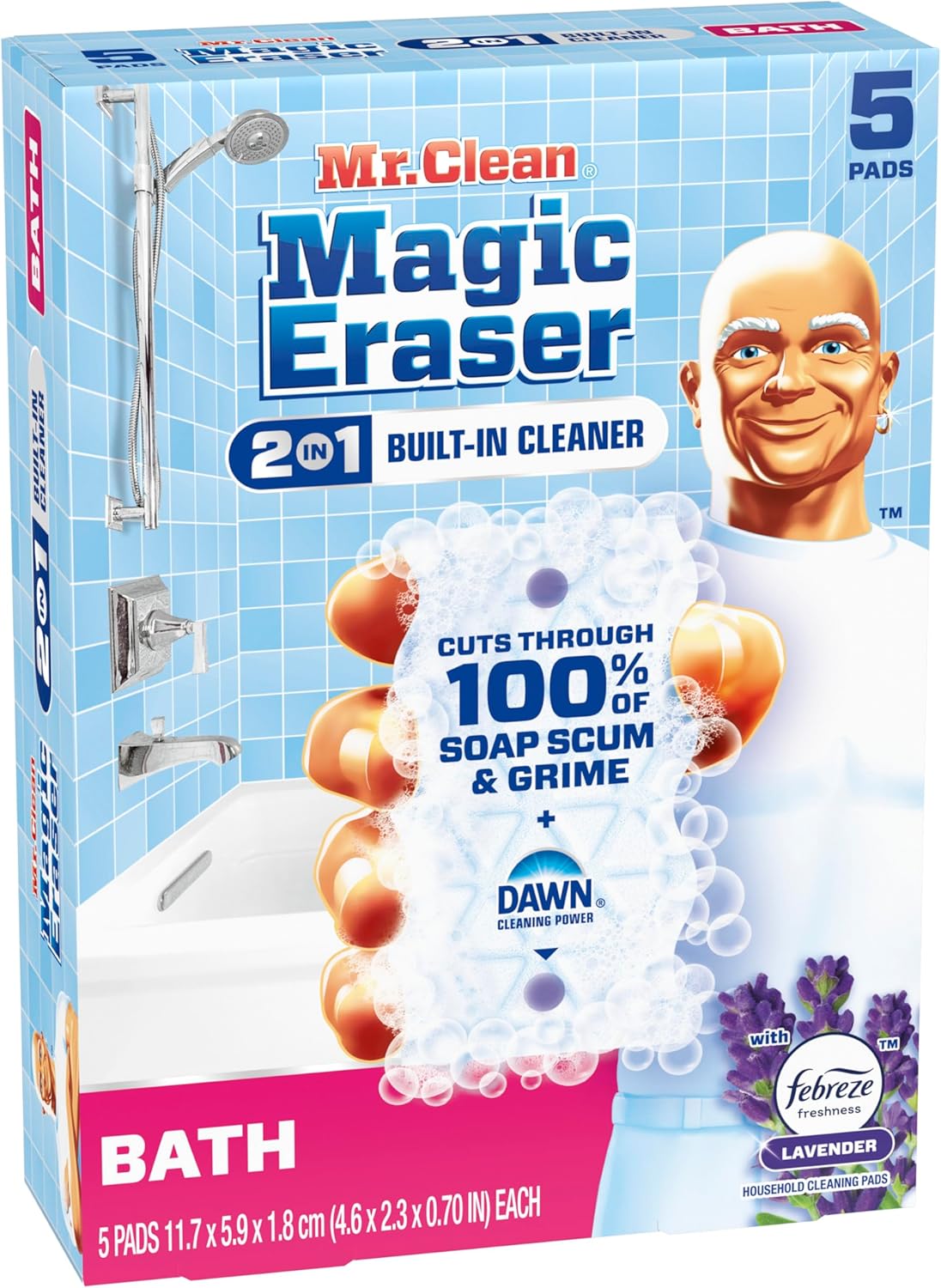 Mr. Clean Magic Eraser Sponge, Bathroom Cleaner, Shower Cleaner, Tub Cleaner, Soap Scum Remover, Bathroom Cleaning Supplies, Dawn Cleaning Power with Febreze Lavender Scent, 5ct - Image 11