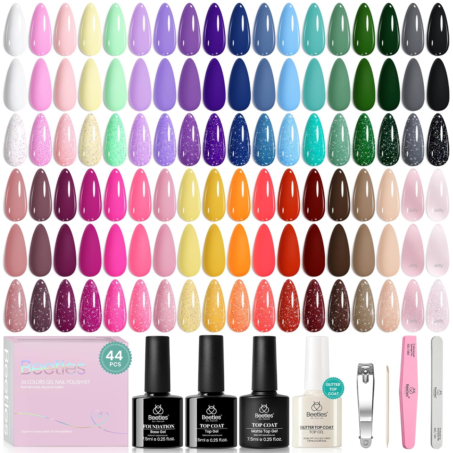 beetles Gel Polish Set Vivid Seasons - Spring Gel Nail Polish Set 36 Colors Pink Yellow Green Purple Jelly Shades 45pcs with Base & Top Coat UV LED Soak Off DIY Salon Summer Gift for Women & Girls