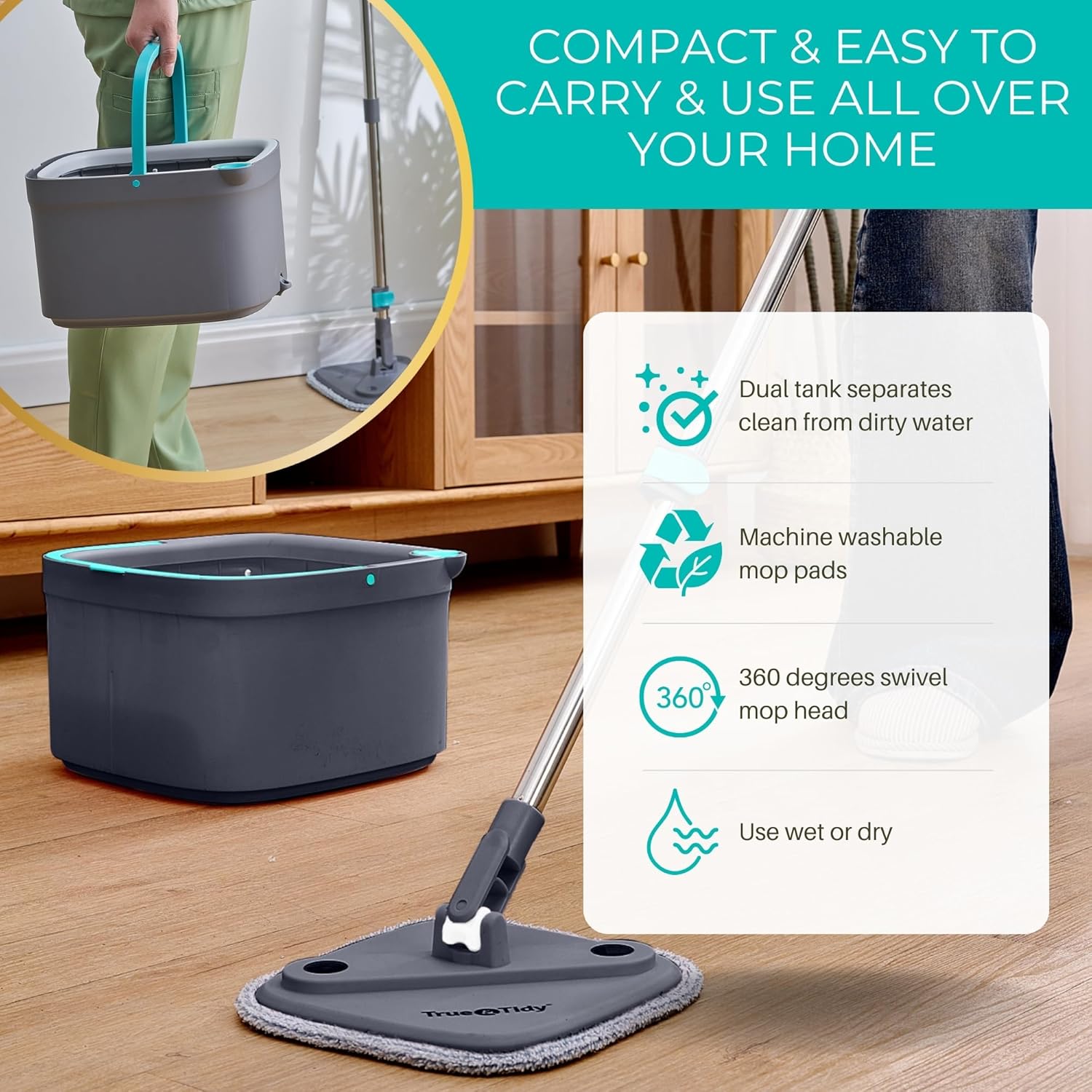 True & Tidy True Clean Spin Mop & Bucket System – Dual Compartment Design for Clean & Dirty Water, 360° Swivel Mop Head, Built-in Scrubbing Brush, Stainless Steel Handle & 2 Reusable Microfiber Pads - Image 7