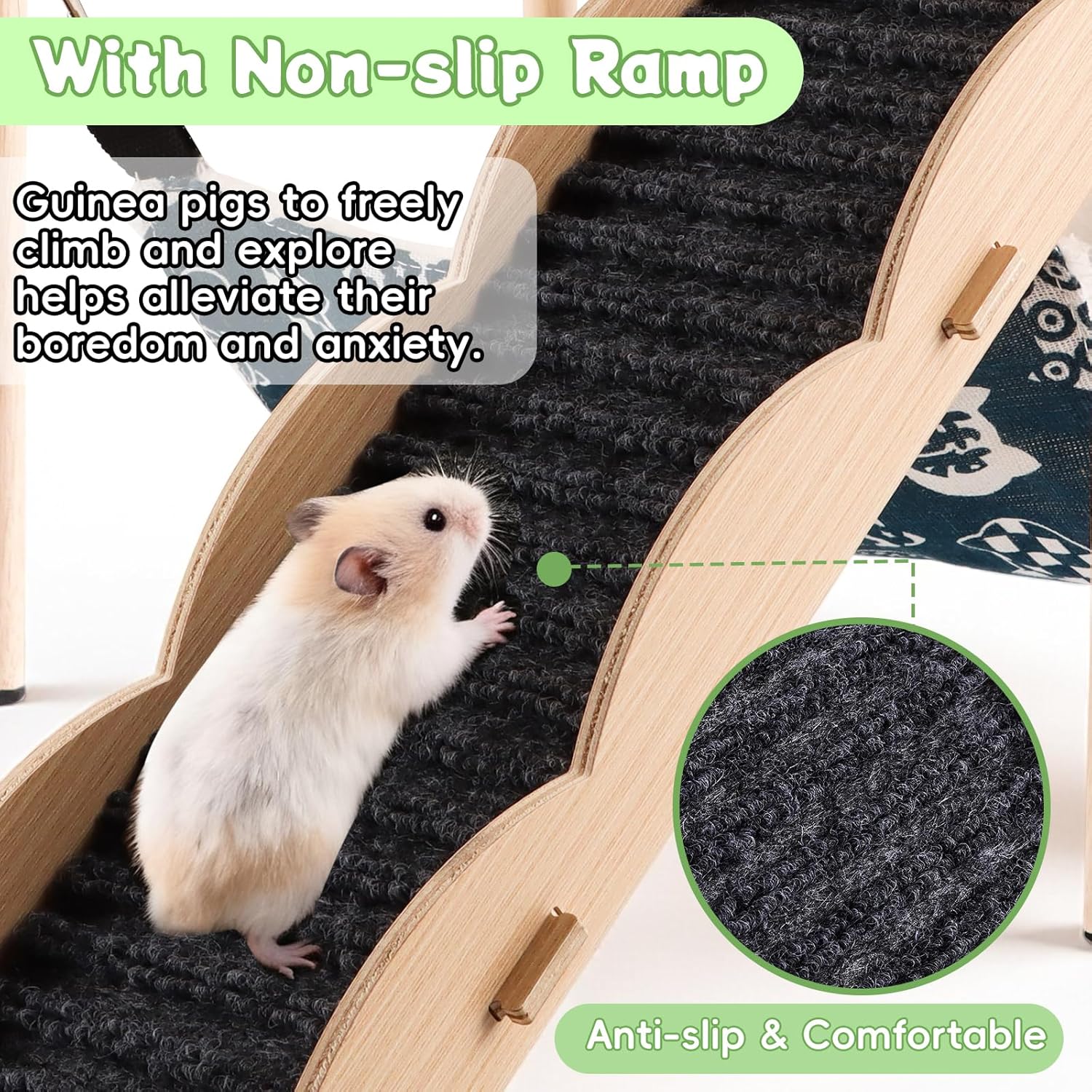 Kalolary Detachable Double-Decker Guinea Pig Hideout, Large Wooden Guinea Pig Castle with Stair, Hammock, Mat for Small Animals Hamster Chinchilla Bunny Ferret Rabbit Hiding Playing Sleeping - Image 4