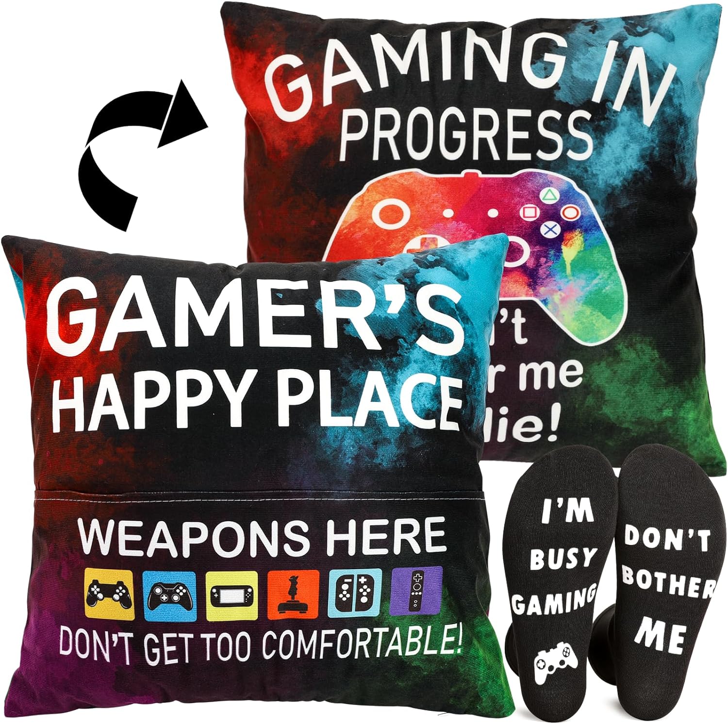 OCCdesign Gamer Gifts for Teenage Boys Men, Gaming Room Decoration, Gamer Pillow Cover and Game Socks Gifts Set, Christmas Stocking Stuffers Ideas for Teens Boys Girls Men Father Boyfriends 18" x 18" - Image 9