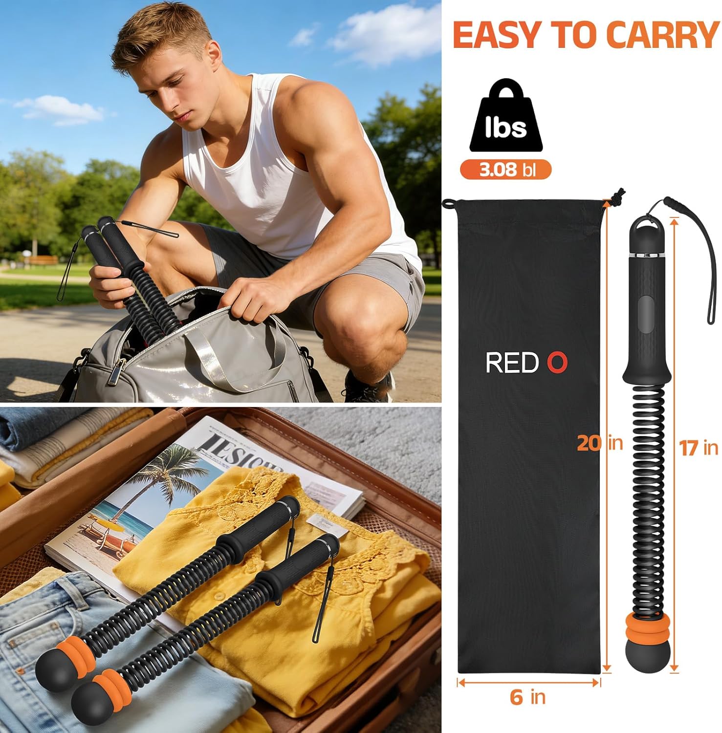 Red O Adjustable Weighted Ropeless Battle Ropes for Home Gym - Portable Cordless Steel Spring Rope with Workout Poster, HIIT & Arm Training Equipment for Men and Women - Image 5