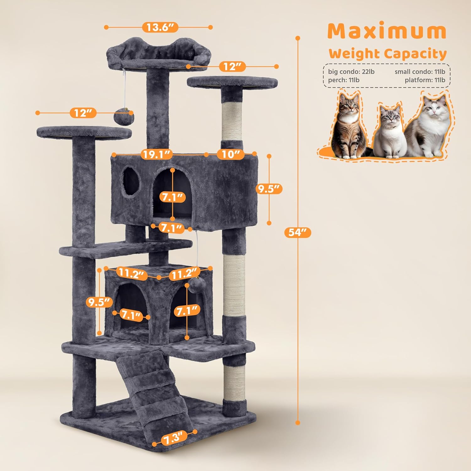 Yaheetech 54in Cat Tree, Multi-Level Cat Tower with Spacious Kitten-ear Perch, 2 Cozy Caves, Scratching Posts, Climbing Ladder, 2 Plush Balls, Durable Pet House Furniture for Indoor Kittens, Dark Gray - Image 3