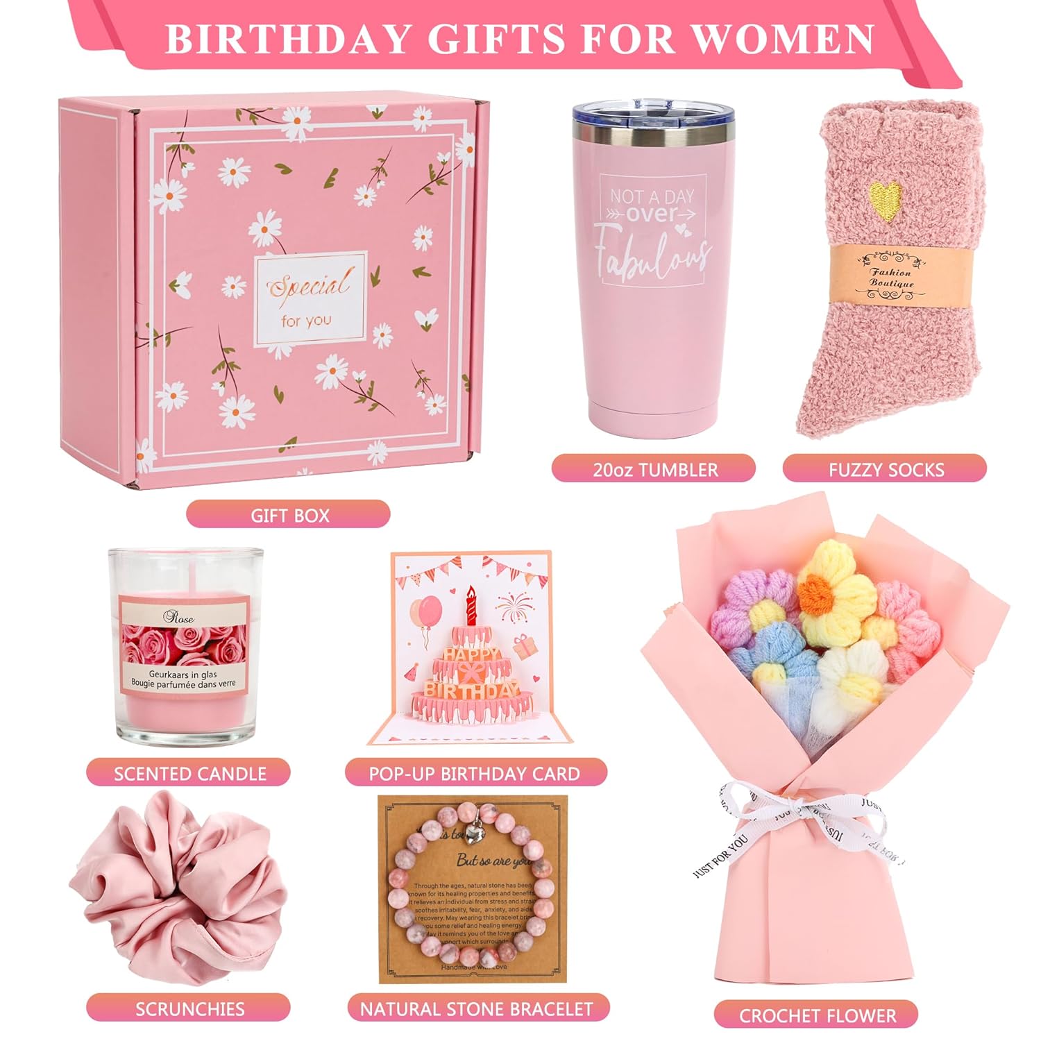 Birthday Gifts for Women Friendship, Pink Relaxing Spa Gifts Basket Set for Women, Self Care Gifts Unique Happy Birthday Gift Idea for Mom Her Best Friends Sister Wife Girlfriend Coworker Teacher - Image 3