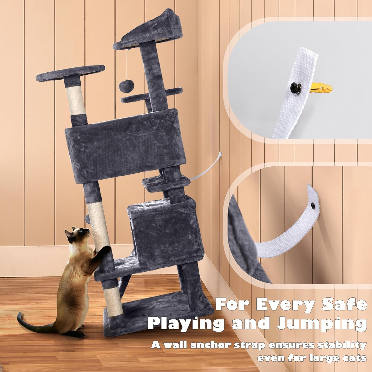 Yaheetech 54in Cat Tree, Multi-Level Cat Tower with Spacious Kitten-ear Perch, 2 Cozy Caves, Scratching Posts, Climbing Ladder, 2 Plush Balls, Durable Pet House Furniture for Indoor Kittens, Dark Gray - Image 9