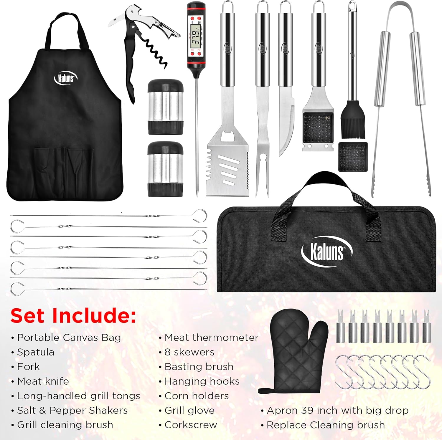 Kaluns Grilling Accessories, Dad Gifts for Fathers Day, Heavy Duty Stainless Steel Grill Set BBQ Grill Accessories for Outdoor Grill with Meat Thermometer, Case and Apron - Image 9