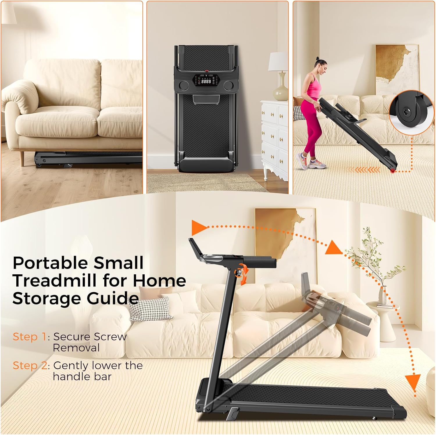 Treadmill with Incline,3.0HP Small Treadmills for Home,Portable Electric Treadmill with Handles,Lightweight Walking Pad,Compact Running Treadmills,Walking Pad with Handle,300LBS Capacity - Image 7