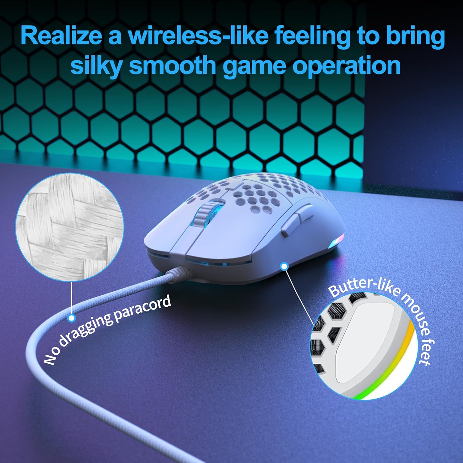 TMKB Falcon M1SE Ultralight Honeycomb Gaming Mouse, High-Precision 12800DPI Optical Sensor, 6 Programmable Buttons, Customizable RGB, Drag-Free Paracord, Ergonomic, Wired - Matte White - Image 5