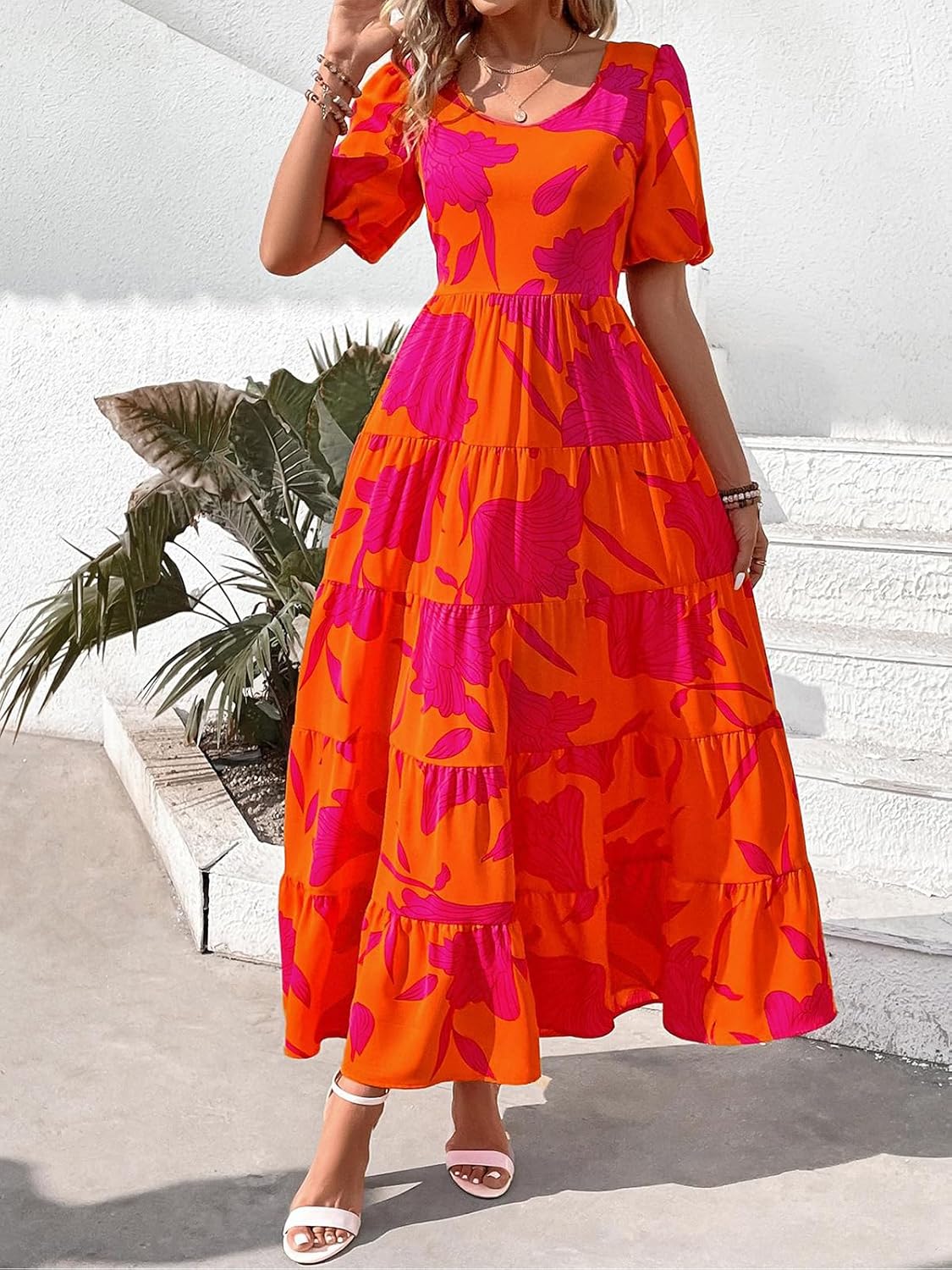 PRETTYGARDEN Puff Short Sleeve Cewneck Floral Long Fall Dresses for Women 2025 Flowy Tiered Hem Maxi Wedding Guest Dress - Image 4