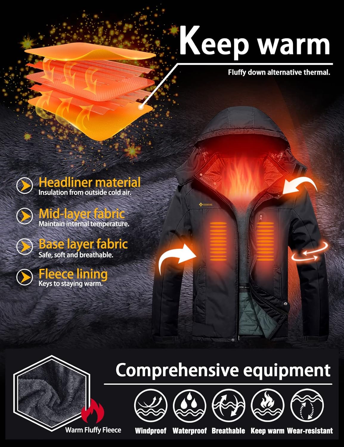 GEMYSE Men's Ski Snow Jacket Warm Winter Waterproof Coat Snowboard Rain Jacket Hooded Windproof Windbreaker - Image 5