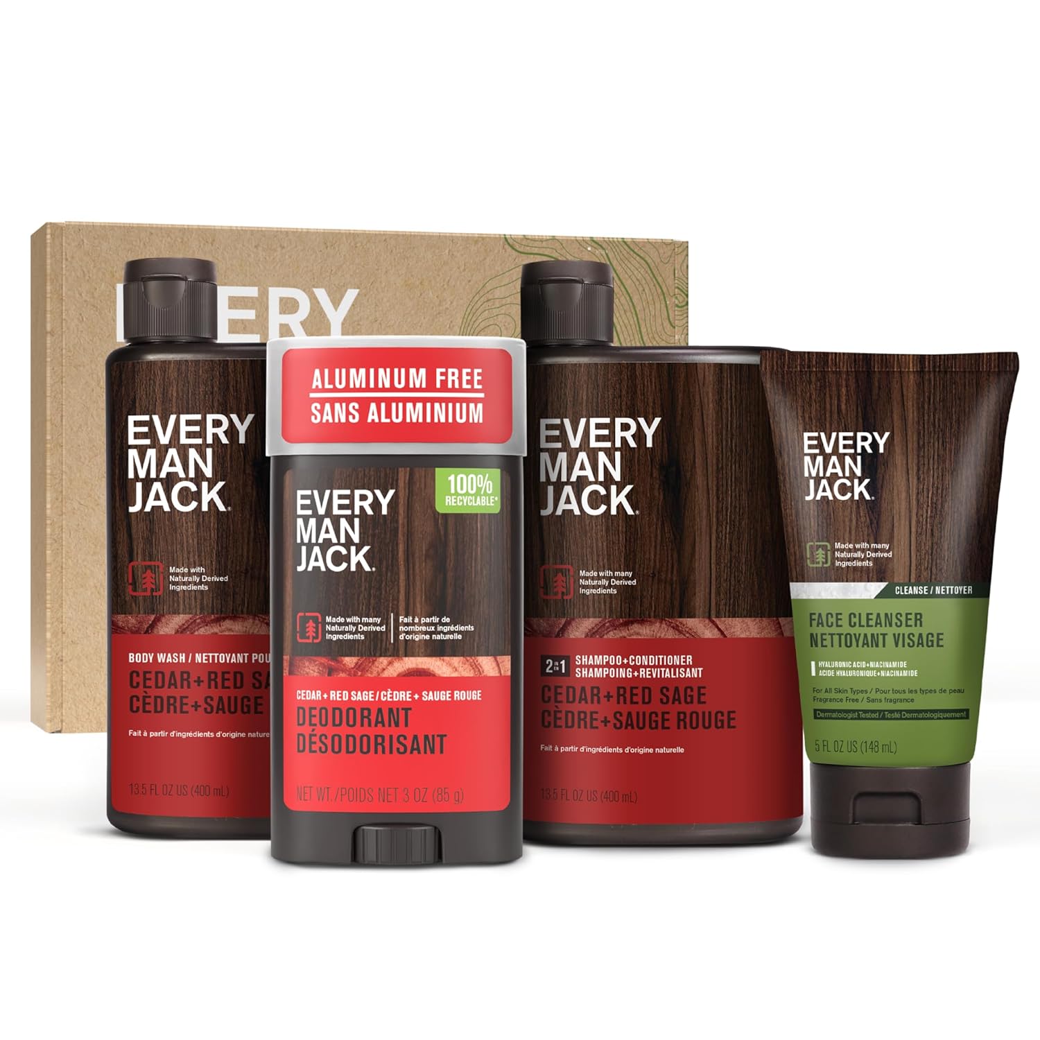 Every Man Jack Men's Bath and Body Gift Set - Cedar & Red Sage Scent - Clean Ingredients - Includes Hydrating Body Wash, 2-in-1 Shampoo, Aluminum-free Deodorant & Face Wash