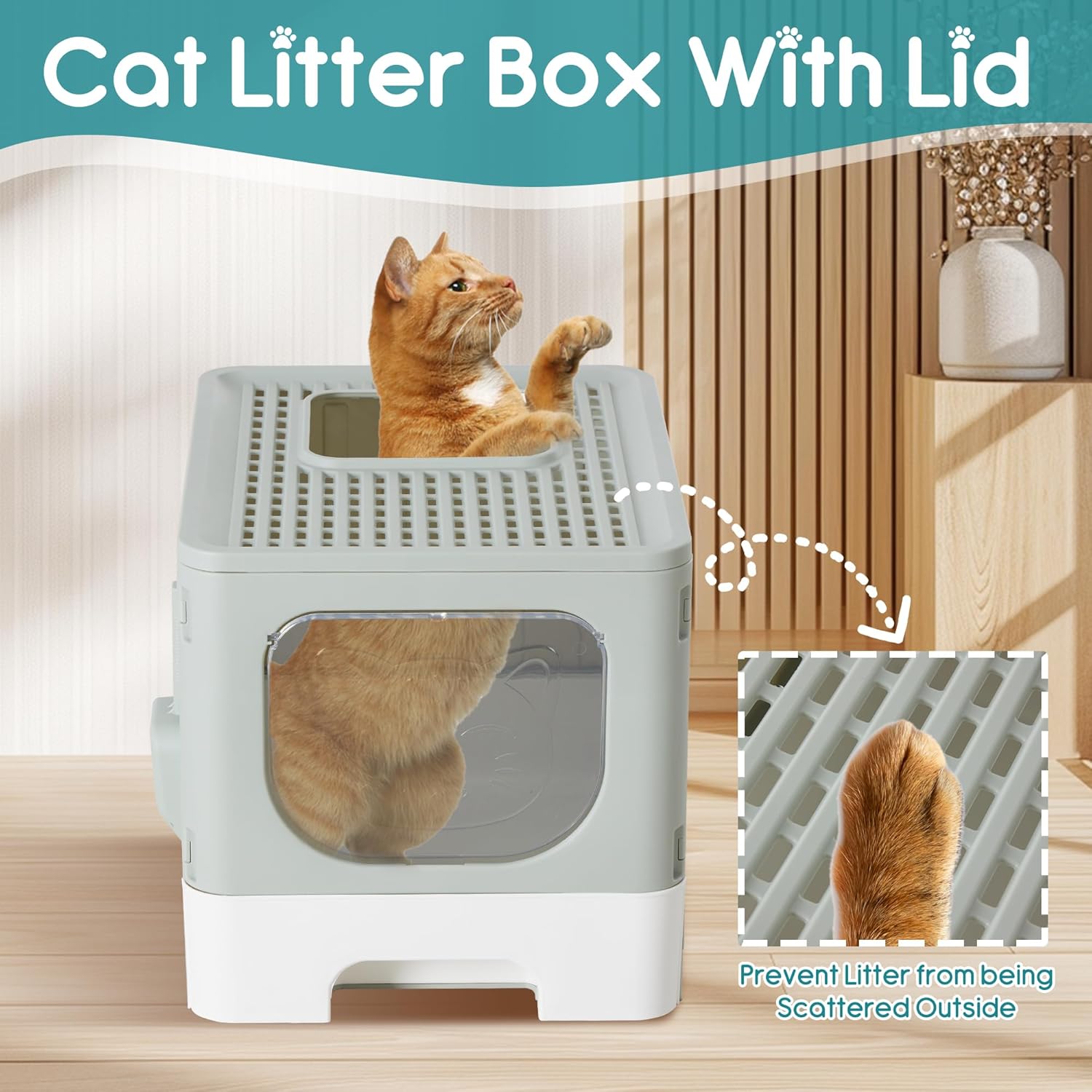 OLIXIS Cat Litter Box with Lid, Large Foldable Cat Box with Litter Scoop, Front Entry Top Exit Kitty Litter Box with Door, Easy Cleaning Drawer Design Odor Control, Grey - Image 3