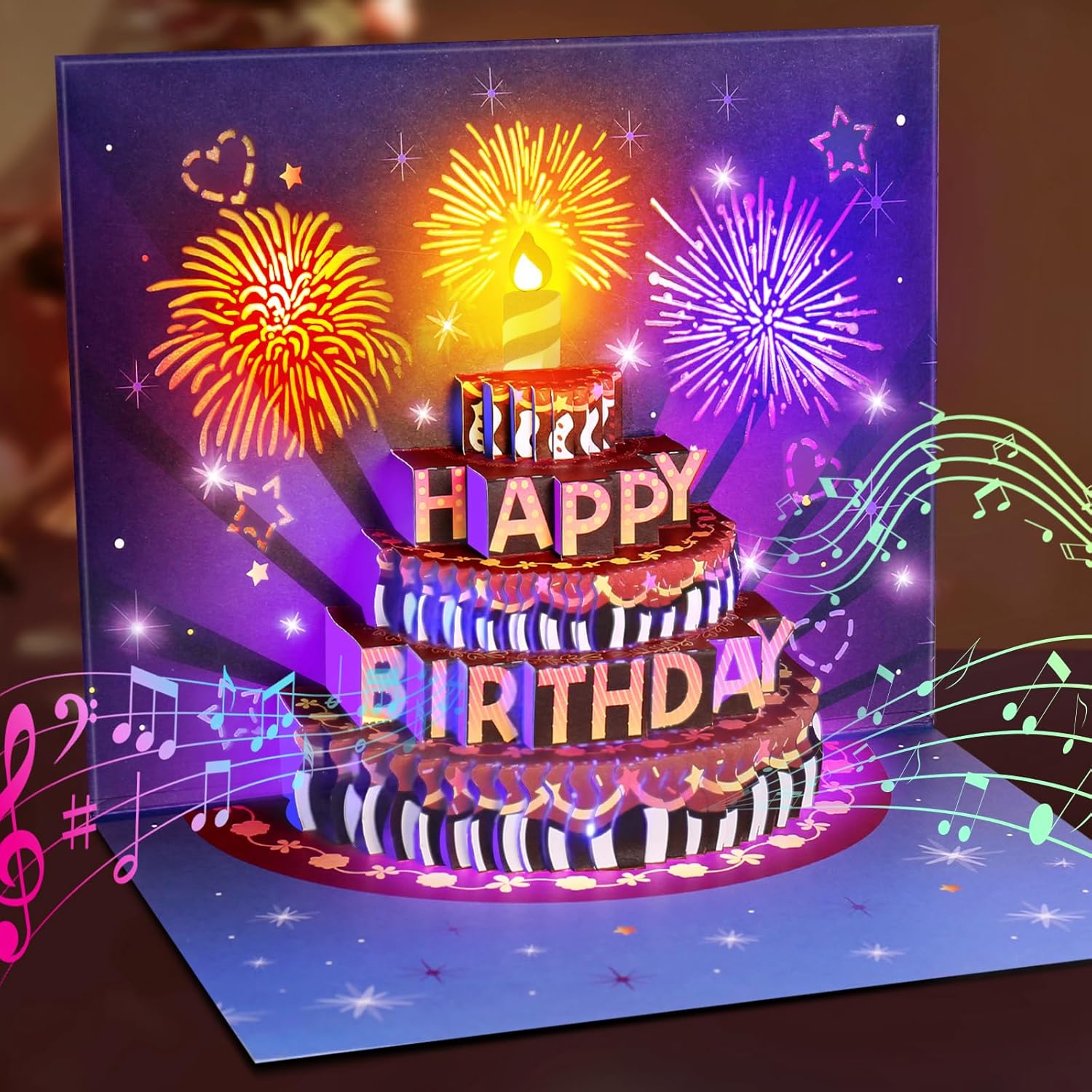INPHER UPGRADED Birthday Cards Fireworks Pop Up Cake Light and Music Happy Birthday Gifts Decorations for Women, Men, Mom, Grandma