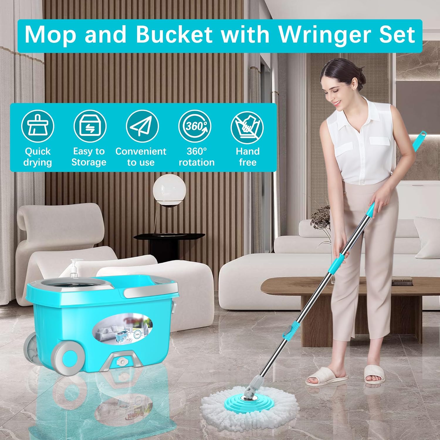 FunClean Spin Mop and Bucket,Mop and Bucket with Wringer Set for Home,360 Spinning Mopping Floor Cleaning Tool with 4 Microfiber Replacement Head Refills,61" Extended Handle, 2X Wheel - Blue - Image 7