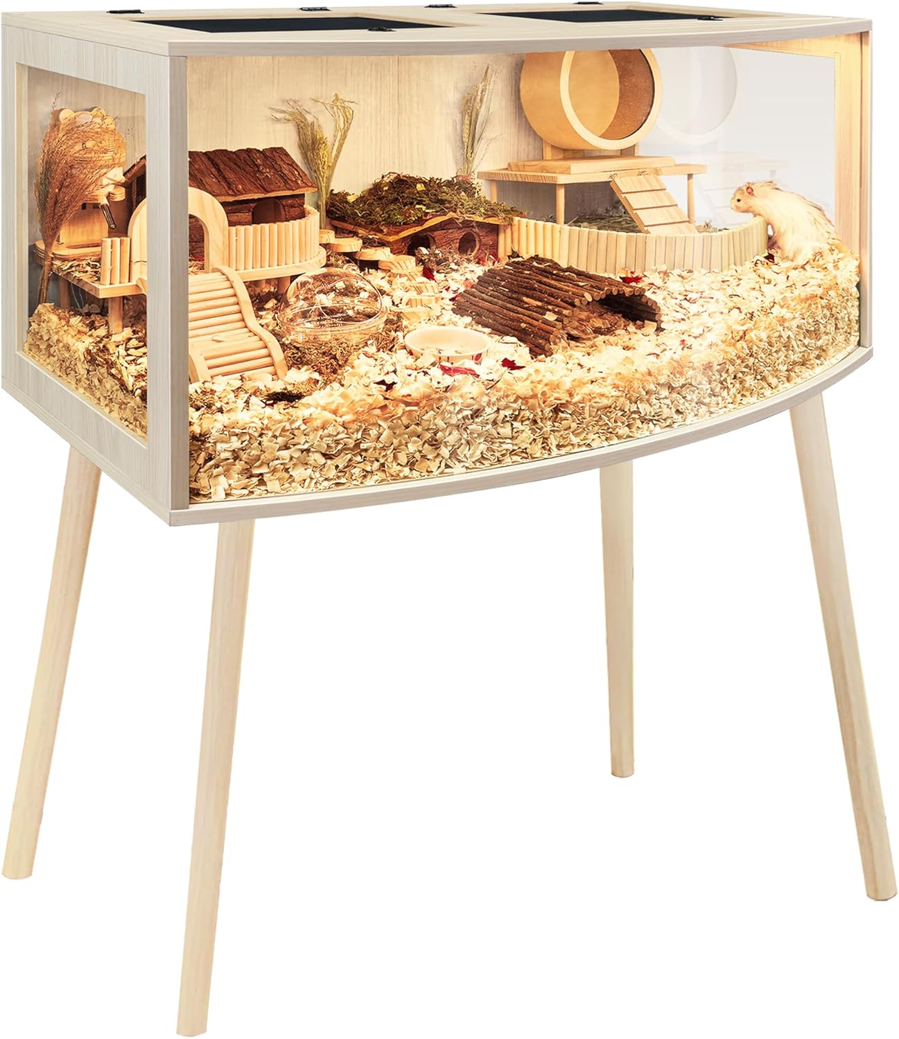 Prolee Hamster Cage with Curved Design,Chew Proof Wooden Hamsters Enclosure with Leg Stand and Openable Top or Gerbils,Hamster Habitat (32"x16"x16")