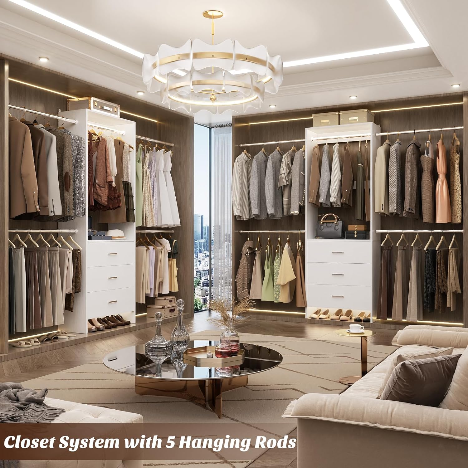 Aheaplus Closet System, Closet Organizer with 3 Wooden Drawers, Closet Organizer System, Walk-in Closet Wardrobe Clothes Rack with 4 Hanging Rods, Garment Rack, -4R, White - Image 3