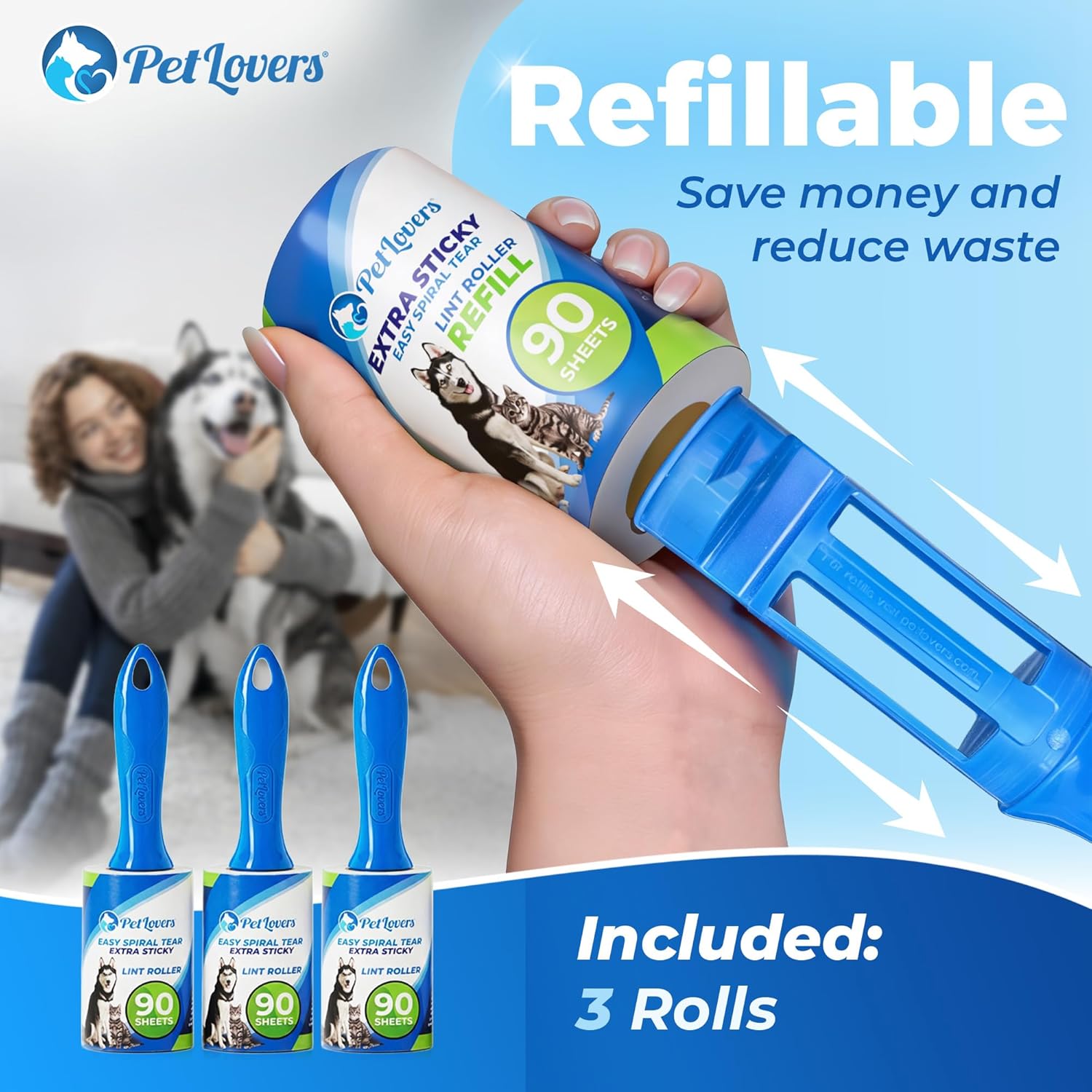 PetLovers Extra Sticky Lint Roller Value Set 270 Sheets for Pet Hair Removal and Clothes, Dog and Cat Lint Remover, 3 Pack - Image 9