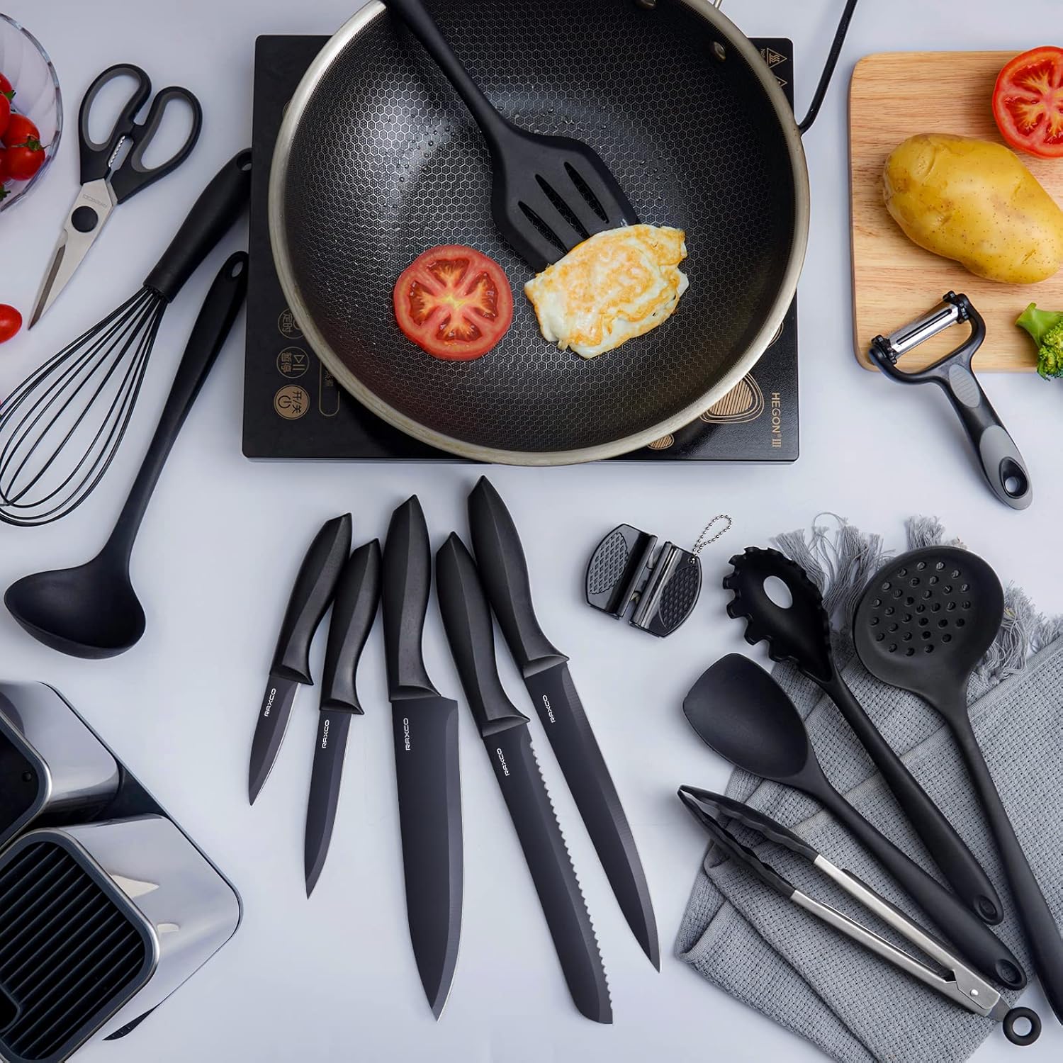 RAXCO Kitchen Utensils Set For Cooking-7 Cooking Utensils,5 Kitchen Utensils,6 Knife set,utensilios de cocina(18-in-1) (Black) - Image 6