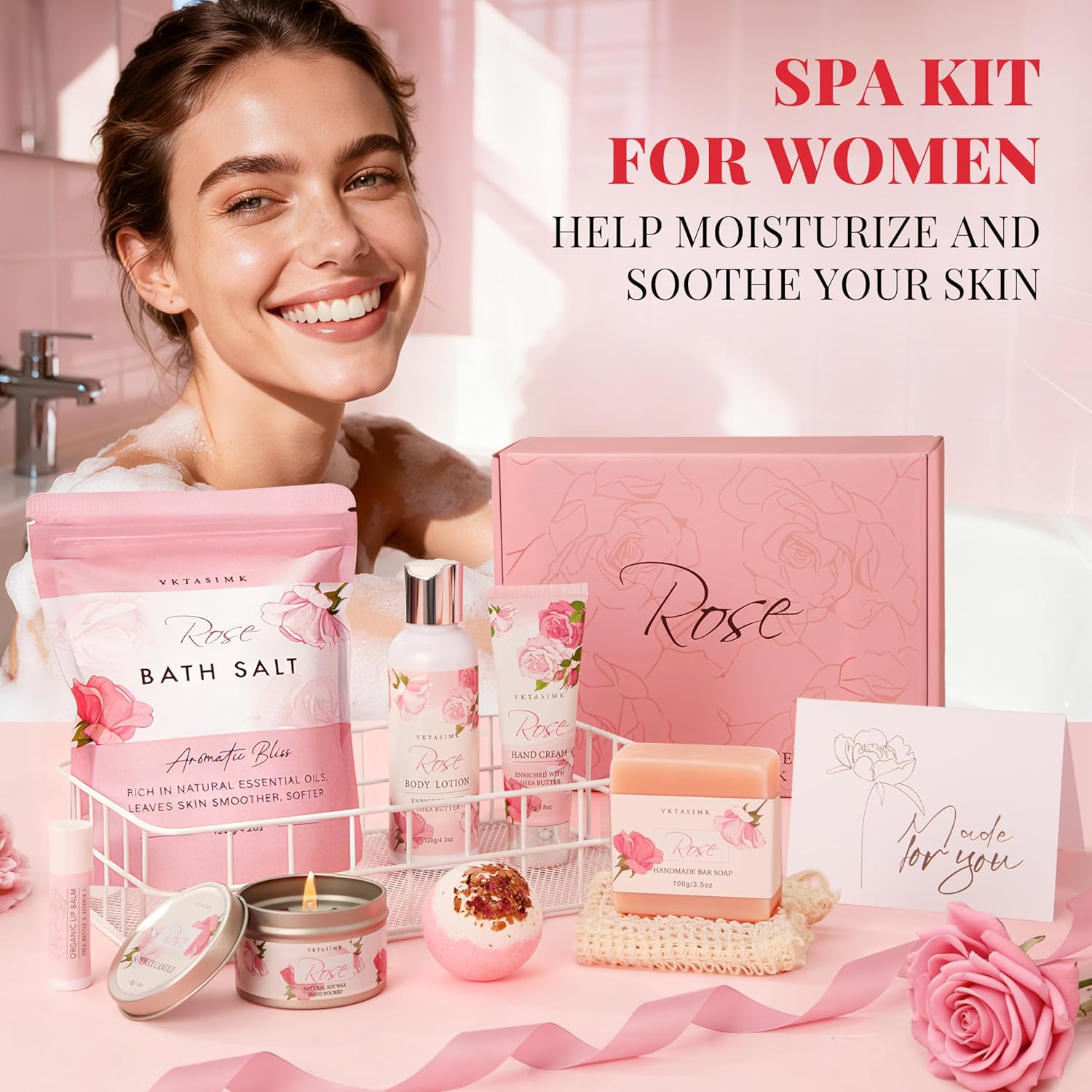 Gifts for Women, Birthday Gifts for Women, Bath and Body Gift Basket Mothers Day Gifts, Rose Home Spa Set Self Care Gift, Thank You for Mom Sister Her Teacher Friends Friendship - Image 7