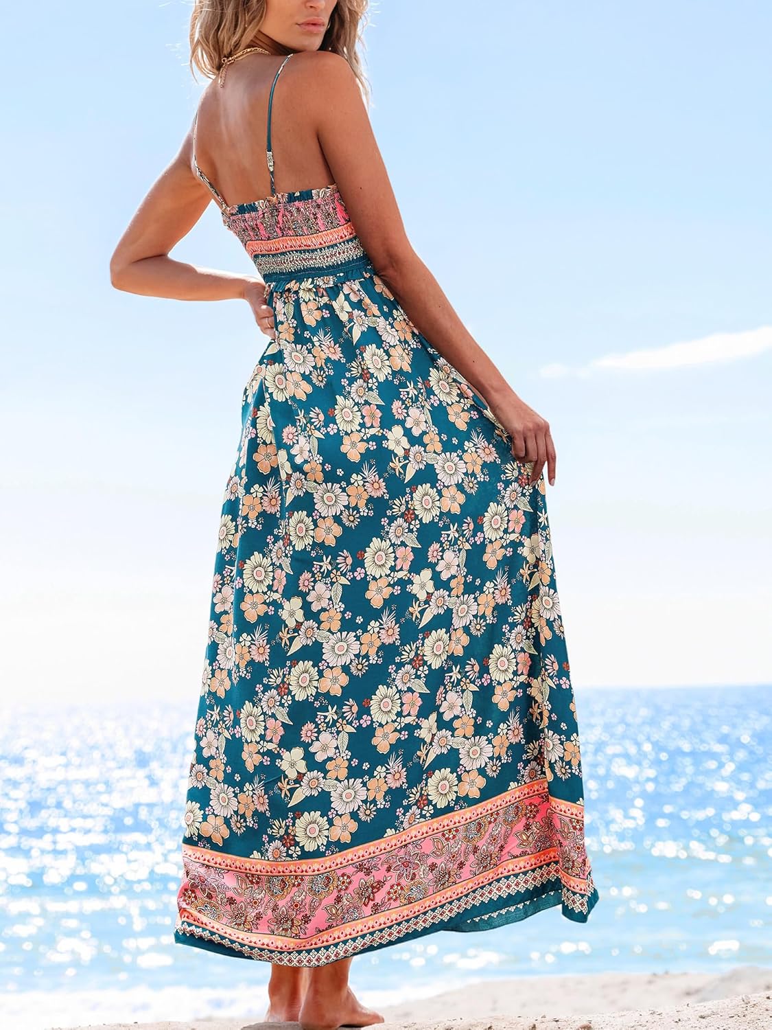 CUPSHE Boho Floral Summer Dress for Women Beach Vacation Smocked Sundress Resort Flowy Casual Maxi Holiday Dresses - Image 2