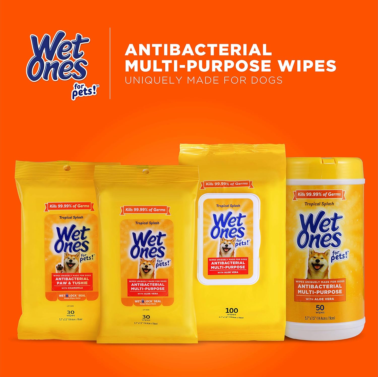 Wet Ones for Pets Antibacterial Dog Wipes, Multi-Purpose Grooming Wipes with Aloe Vera for Paws, Face & Body, Easy Cleanups Between Baths, Tropical Splash Scent, 5.7 in x 7.5 in, 50 Count - Image 8